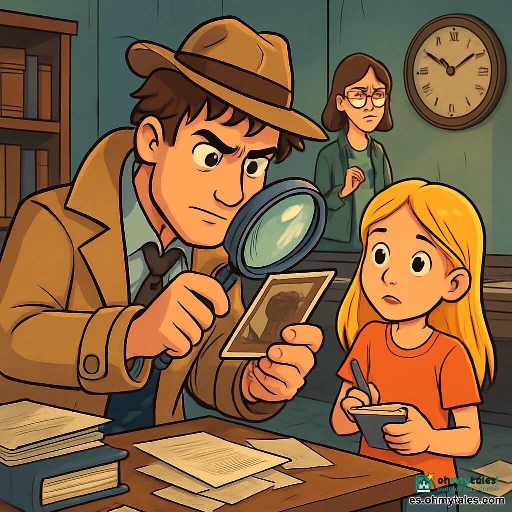Un detective de unos 30 años, con cabello castaño desordenado y una expresión determinada, examina una foto antigua en una oficina desordenada. Lleva un trench coat beige y un sombrero fedora, y sostiene una lupa en su mano derecha. A su lado, una niña de 12 años, con cabello largo y rubio, observa al detective con curiosidad, sosteniendo un cuaderno en su mano izquierda. Al fondo, una mujer de unos 35 años, con gafas y una expresión preocupada, está cerca de un viejo escritorio de madera, rodeada de papeles esparcidos y un gran reloj antiguo en la pared. La oficina está llena de libros polvorientos, archivos abiertos y una luz tenue que entra por una ventana sucia. La escena principal muestra al detective descubriendo una pista crucial en una investigación misteriosa, mientras la tensión aumenta en el ambiente, acentuada por la atmósfera intrigante del lugar.