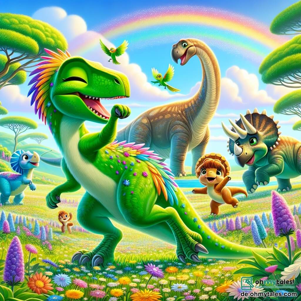 Ein Velociraptor namens Finn mit glänzenden grünen Schuppen und bunten Federn tanzt fröhlich auf einer blühenden Wiese, sein Gesicht strahlt vor Glück und Aufregung. Neben ihm springt Lila, ein kleiner Triceratops mit beiger Haut und drei spitzen Hörnern, lächelnd, während Mais, ein großer Brachiosaurus mit langen Beinen und erhobenem Kopf, sich freundlich zu ihnen herunterbeugt. Die Szene spielt sich auf einer sonnigen Insel ab, umgeben von großen grünen Bäumen und leuchtenden Blumen, unter einem blauen Himmel mit weißen Wolken. Finn und seine Freunde feiern gemeinsam die Magie der Freundschaft, tanzen und lachen unter einem funkelnden Regenbogen, der die Landschaft erhellt.