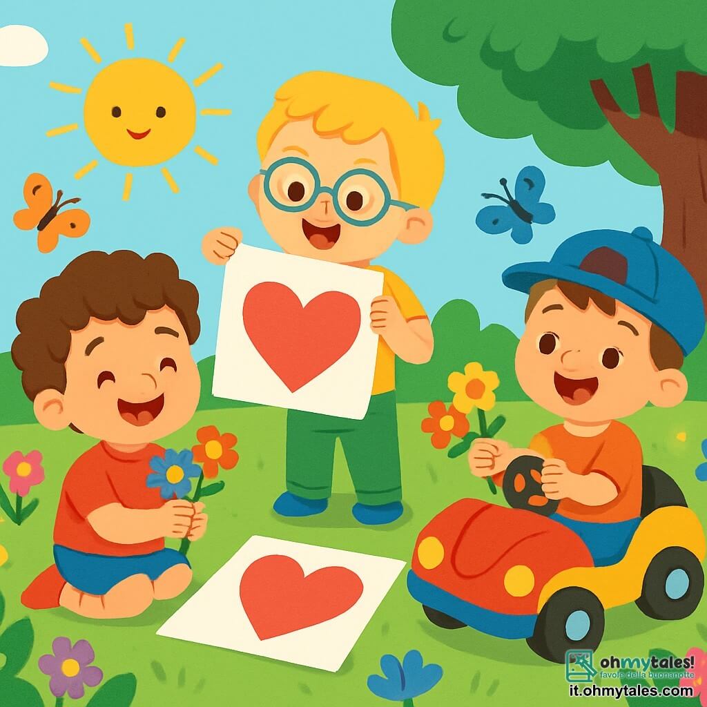 Ci sono 3 personaggi: Luca, un bambino di 3 anni con i capelli ricci castani, che indossa una maglietta rossa e pantaloni blu, seduto sull'erba con dei fiori colorati in mano; Marco, un bambino di 3 anni con capelli biondi e occhiali, vestito con una maglietta gialla e pantaloni verdi, in piedi accanto a Luca mentre mostra un disegno con un grande cuore; Tommaso, un bambino di 3 anni con capelli castani e un cappellino blu, seduto in una bella macchinina, tiene un piccolo mazzo di fiori e sorride felice. La scena si svolge in un giardino incantevole, pieno di fiori di tutti i colori: rosa, giallo, blu e viola, con il sole che splende in un cielo azzurro chiaro e farfalle colorate che volano intorno ai bambini. I tre amici stanno preparando una sorpresa per la festa della mamma, ridendo insieme, circondati da fiori, con un grande disegno colorato sull'erba che mostra un cuore e parole dolci per la mamma.