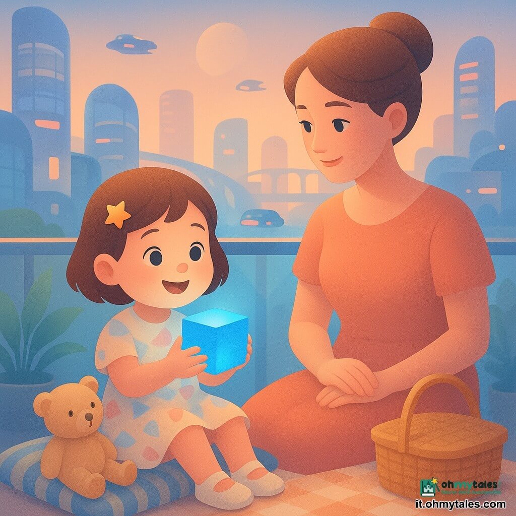 Bambina di 4 anni, viso rotondo e guance rossate, capelli castani corti con molletta a stella, sorridente e meravigliata, tiene un piccolo cubo luminoso blu; indossa un abito leggero con motivi geometrici pastello e scarpine bianche, seduta su un cuscino a righe sul balcone; la madre, circa 32 anni, pelle chiara e capelli raccolti in uno chignon, la guarda con tenerezza tenendo un cestino da picnic accanto a sé; un orsacchiotto beige con occhi cuciti è accanto alla bambina; balcone ampio con parapetto in vetro, piante in vaso e tovaglia a quadri, illuminato da luce dorata; sullo sfondo una città futuristica visibile attraverso ampie finestre con grattacieli di vetro arrotondati, ponti sospesi, veicoli volanti e pannelli luminosi colorati; atmosfera pacifica e gioiosa, colori toni di blu e corallo, composizione centrata sulla bambina e il cubo blu con espressioni chiare e forme semplici adatte a bambini di 4 anni.