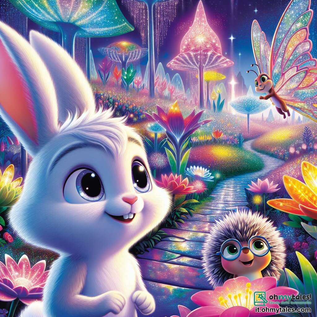 Un giovane coniglio bianco di nome Binky, con grandi orecchie morbide e occhi brillanti di curiosità, si trova al centro di un giardino futuristico, sorridendo meravigliato mentre osserva un magnifico giardino pieno di fiori giganti dai colori vivaci e scintillanti. Accanto a lui, una elegante farfalla dalle ali scintillanti, la signora Farfalla, vola gioiosamente, mostrando un sorriso radioso mentre lo incoraggia a esplorare questo mondo magico. Un po' più in là, un riccio dal pelo arruffato e occhiali rotondi, il signor Riccio, osserva la scena con orgoglio, le braccia incrociate, sorridendo soddisfatto. Il giardino è illuminato, con piante luminescenti che cambiano colore, sentieri di pietre brillanti e alberi dalle forme strane che sembrano danzare al ritmo del vento. La scena principale mostra Binky mentre crea un magnifico spettacolo di fiori e colori, meravigliato dal potere della sua immaginazione, mentre i suoi amici lo incoraggiano a sognare ancora più in grande.