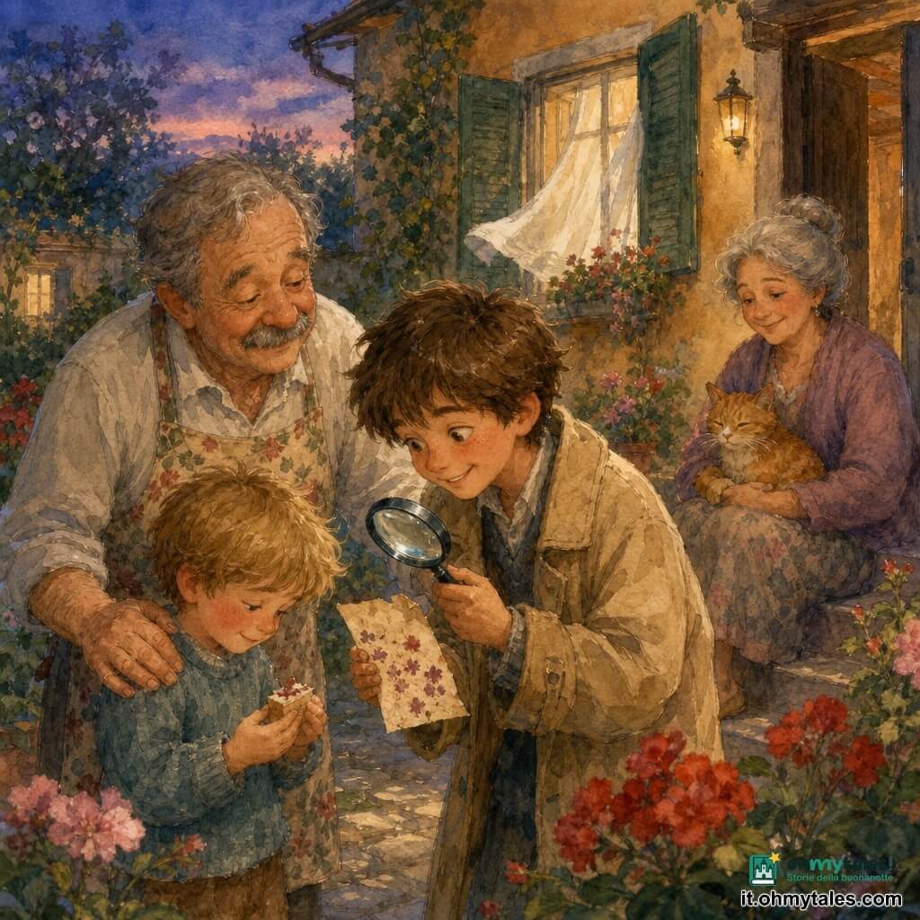 Matteo, 8 anni, viso curioso, capelli castani spettinati, cappotto beige troppo grande, tiene un taccuino e una grande lente, è chino e sorride furbo; Tommaso, ~6 anni, rossore imbarazzato ma sollevato, capelli biondi corti, tiene un pezzetto di torta immaginaria, sta a destra con lo sguardo abbassato; il signor Gino, ~60 anni, volto rotondo e benevolo, baffi grigi, grembiule a fiori, mano sulla spalla di Tommaso a sinistra; la signora Emma, ~55 anni, capelli argento raccolti, sorridente, seduta sulla veranda con un gatto rosso in grembo vicino alla porta; luogo: piccolo giardino di quartiere al crepuscolo, vialetti lastricati, fiori rossi e rosa, casa dalle pareti ocra con finestra aperta e tende leggere; situazione: Matteo mostra un messaggio codificato su un pezzo di carta macchiato di succo di fragola, tutti riuniti intorno a lui, atmosfera di mistero risolto e calore umano.