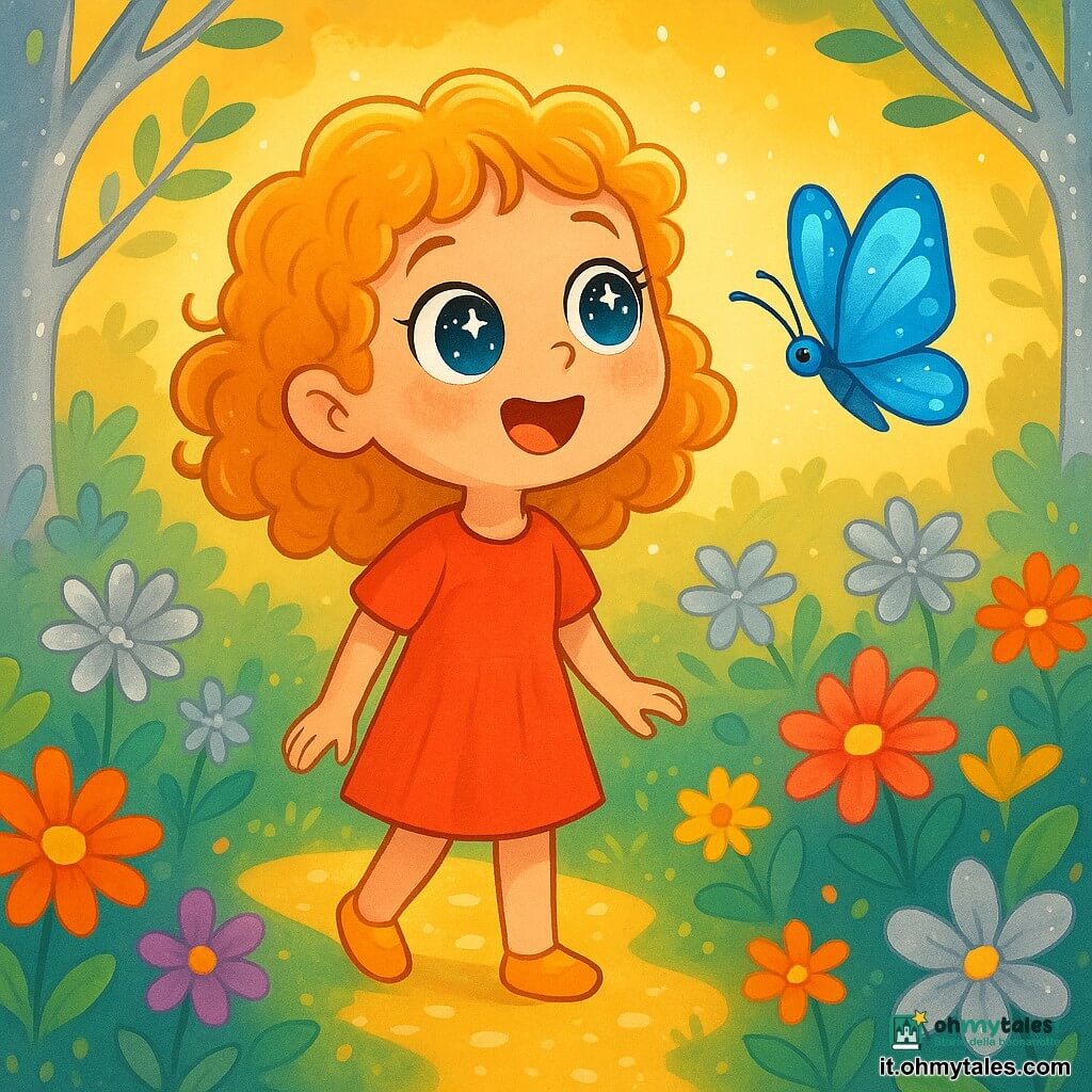Una bambina di 6 anni, Lila, con grandi occhi brillanti come stelle e capelli ricci dorati, si trova nel mezzo di un giardino magico. Il suo viso irradia meraviglia e curiosità mentre guarda intorno a sé, affascinata dai fiori argentati che danzano dolcemente nella brezza. Accanto a lei, una farfalla blu, con ali scintillanti, vola in cerchi gioiosi, come se la invitasse a seguirla. Il giardino è illuminato da una dolce luce dorata, con sentieri di piccoli ciottoli luminosi che si snodano tra alberi dai tronchi argentati e fiori dai colori vivaci. Lila, meravigliata, si prepara a fare un passo avanti, pronta a esplorare questo mondo incantevole dove tutto sembra possibile.