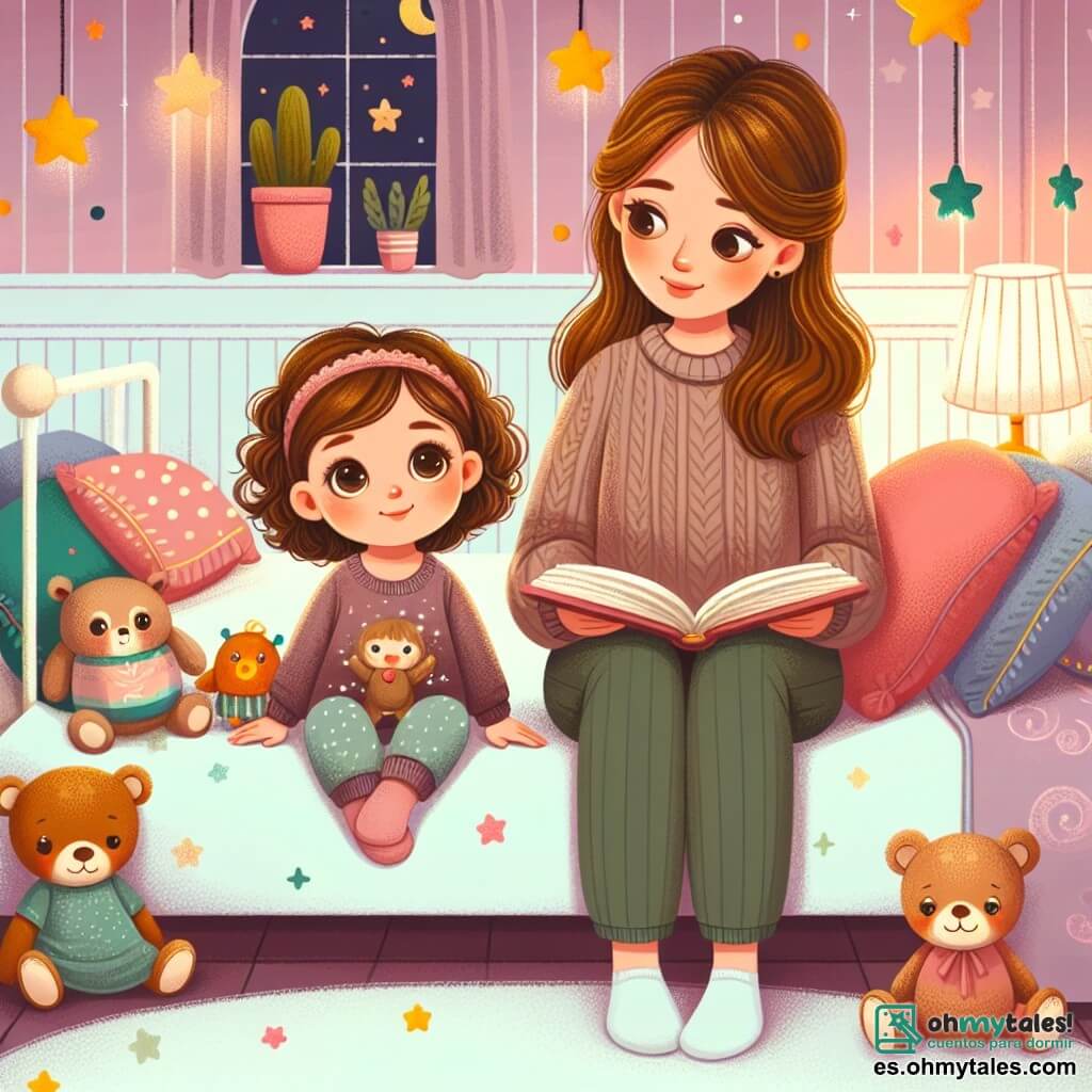 Una niña de 1 año, con grandes ojos curiosos y cabello rizado castaño, está sentada en su cama, rodeada de peluches coloridos. Tiene una ligera sonrisa, pero sus cejas están fruncidas, mostrando una mezcla de curiosidad y aprensión ante la oscuridad. A su lado, su mamá, una mujer de unos 30 años con cabello largo y liso, está sentada al borde de la cama, sosteniendo un libro abierto. Lleva un suéter suave y reconfortante, y su rostro expresa ternura y aliento. La escena tiene lugar en una habitación infantil cálida, con paredes pintadas en tonos pastel, estrellas luminosas pegadas al techo y una alfombra suave en el suelo. La luz tenue de una lámpara de noche proyecta sombras suaves, creando una atmósfera reconfortante y misteriosa. Lía, un poco dudosa, mira a su mamá con esperanza mientras leen juntas un cuento sobre una estrella que brilla en la noche, ilustrando la magia de superar el miedo a la oscuridad.