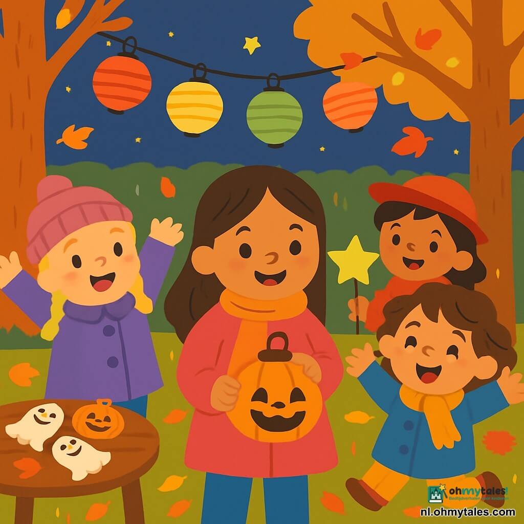 Er zijn 4 kinderen: - Noor: een 4-jarig meisje met lang bruin haar en sprankelende ogen. Ze draagt een roze jas en een oranje sjaal. Ze staat in het midden, glimlachend, met een pompoenlamp in haar handen. - Lila: een 4-jarig meisje met blonde vlechten en roze wangen. Ze draagt een paarse jas en een wollen muts. Ze staat links van Noor, met opgeheven armen van enthousiasme. - Zoë: een 4-jarig meisje met krullend kastanjebruin haar en een grote glimlach. Ze draagt een blauwe jas en een gele sjaal. Ze staat rechts van Noor, springend van blijdschap. - Mila: een 4-jarig meisje met zwart haar en glanzende ogen. Ze draagt een rode jas en een vilten hoed. Ze staat achter Noor, met een sterlamp in haar handen, kijkend naar de anderen met bewondering. De locatie is een mooie herfsttuin, vol met gouden en rode bladeren die van de bomen vallen. Op de achtergrond omringt een goed gesnoeide groene haag de tuin, en kleurrijke lampions hangen aan de takken, die alles verlichten met een zachte gloed. Een kleine houten tafel is versierd met koekjes in de vorm van spoken en pompoenen. De hoofdscène toont de vier kinderen die de tuin voor Halloween versieren. Ze hangen kleurrijke lampions op terwijl ze lachen en plezier hebben, wat een vrolijke en feestelijke sfeer creëert. De sterren schitteren aan de nachtelijke hemel, wat een magische toets geeft aan deze scène van vriendschap en creativiteit.