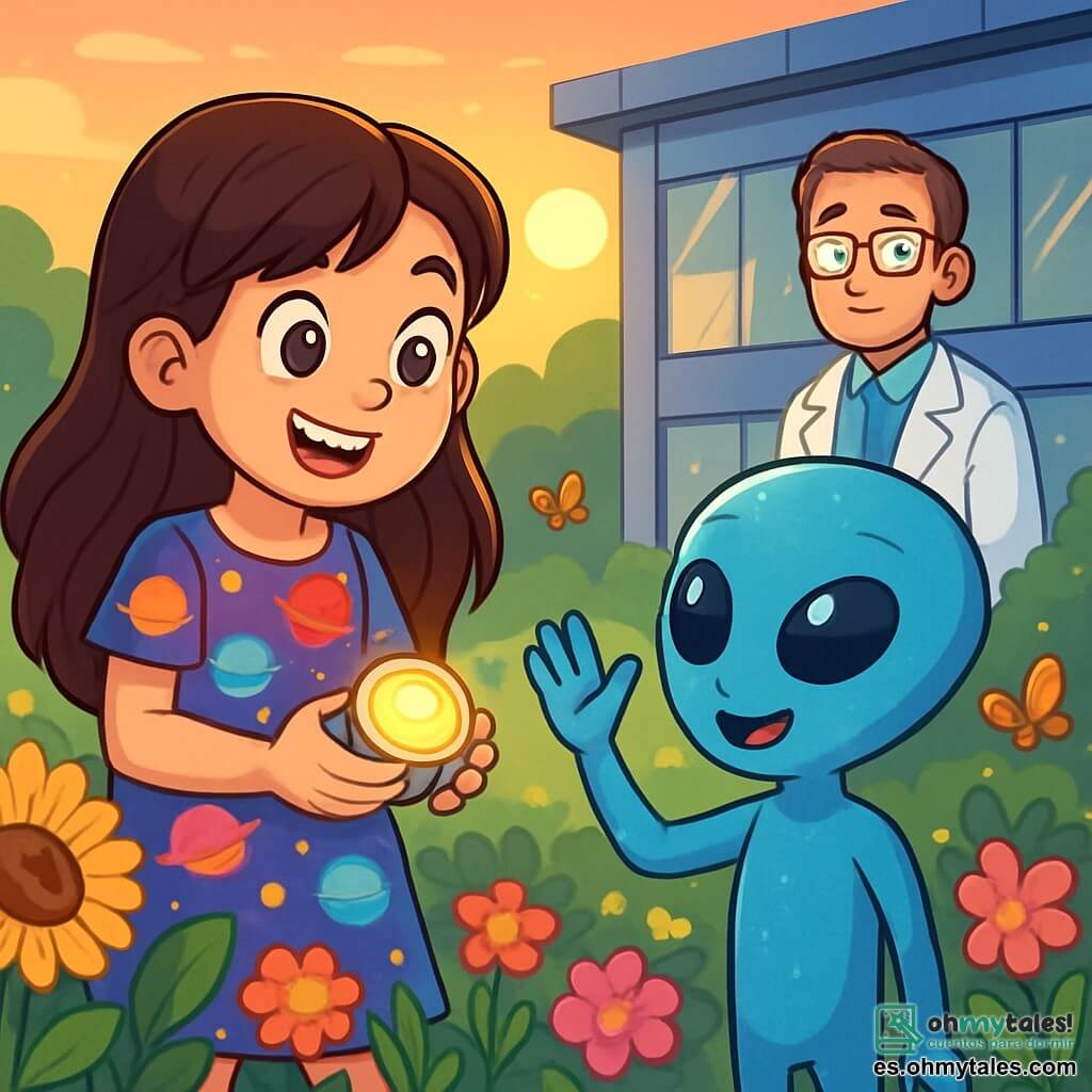 Una niña de 10 años, con largos cabellos castaños y ojos brillantes de curiosidad, se encuentra en un jardín florecido, sonriendo y maravillada. Lleva un vestido colorido con motivos de planetas y sostiene un pequeño dispositivo brillante en sus manos. A su lado, un extraterrestre azul, de pequeña estatura con grandes ojos redondos y piel brillante, la observa con una sonrisa amistosa, levantando los brazos en un gesto de saludo. En el fondo, un hombre de unos 40 años, el jefe de la base de investigación, con gafas y una bata blanca, mira la escena con una expresión sorprendida pero benevolente, de pie cerca de un edificio moderno con paredes brillantes y grandes ventanas. El jardín está lleno de flores coloridas, mariposas revoloteando y una suave luz del sol poniente. La situación principal muestra a la niña y al extraterrestre saludándose alegremente, simbolizando un encuentro amistoso entre dos mundos, rodeados de una atmósfera de magia y descubrimiento.