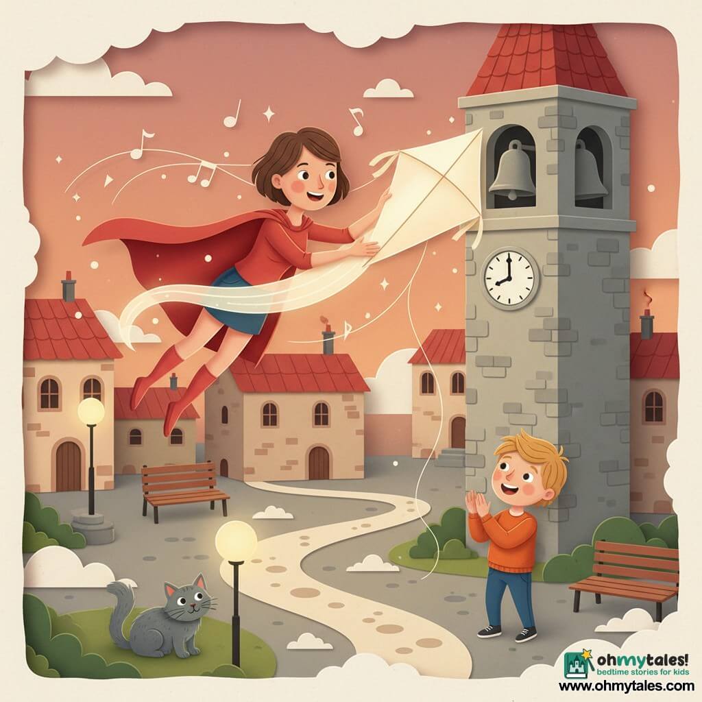 A smiling, serene female superhero with a shiny red cape and short brown hair floats down toward a stone bell tower at dusk to free a glowing kite; a 6-year-old blond boy at the base right holds the kite string and watches in wonder while applauding, a fluffy gray cat near a lit lamppost in the foreground left twitches its tail, the small town square has red tile roofs, round streetlamps, wooden benches and a low cloud path as a road, and the light around her forms musical notes and soft lines in a warm, reassuring atmosphere.