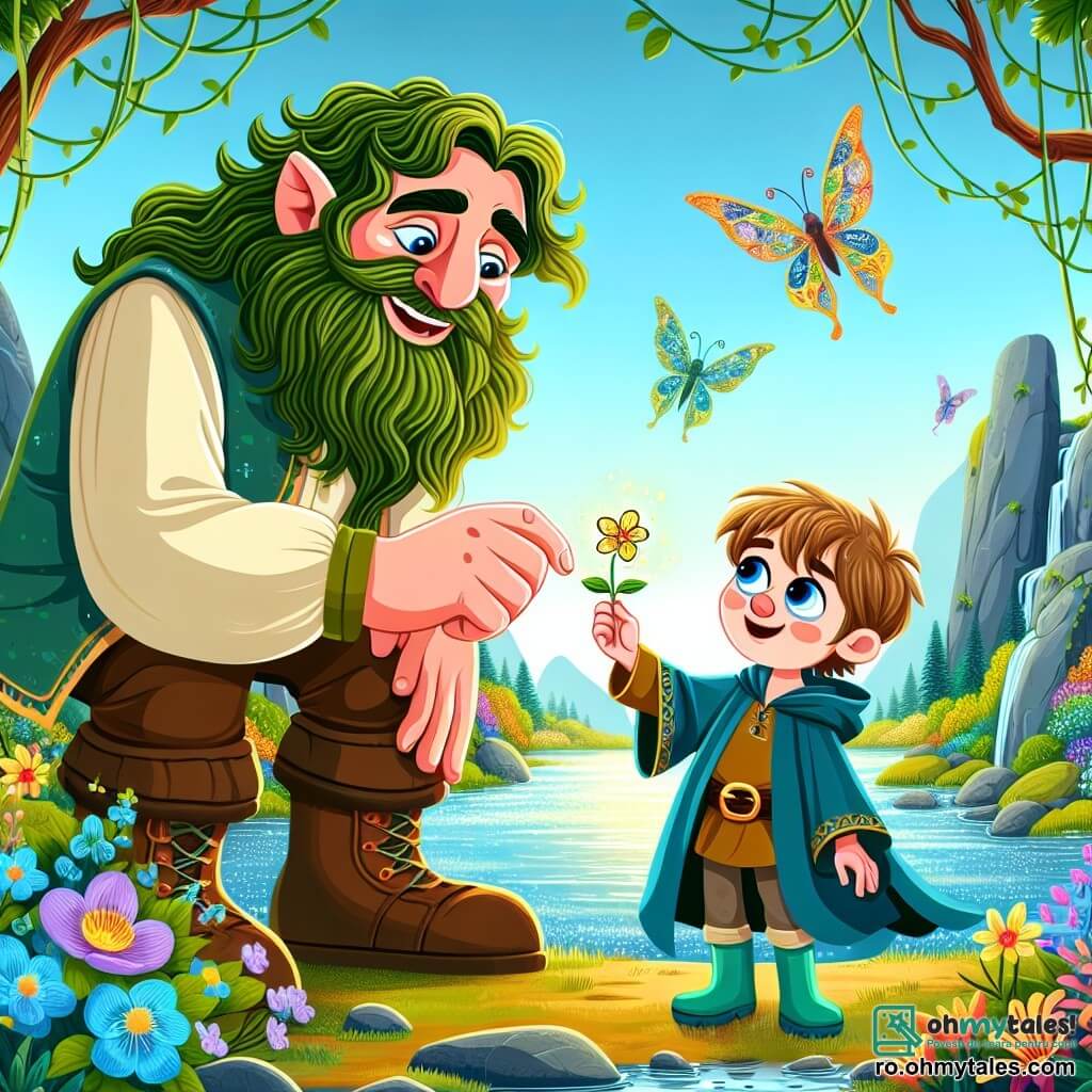 Un gigant prietenos numit Goran, cu o statură mare, păr ondulat de culoare verde și ochi strălucitori de bunătate, se apleacă spre un băiețel pe nume Andrei, în vârstă de 8 ani, care poartă o pelerină albastră și cizme de cauciuc. Andrei, cu părul castaniu deschis și ochii strălucitori de curiozitate, zâmbește uitându-se la gigant, ținând în mână o floare mică magică. Se află pe marginea unei mlaștini minunate, unde vițe verzi și flori colorate se împletesc, în timp ce o ceață ușoară plutește deasupra unui lac strălucitor. Creaturi fantastice, precum fluturi uriași cu aripi multicolore, zboară în jurul lor, adăugând o notă de magie scenei. Situația principală îi arată pe Goran și Andrei descoperind împreună secretul prieteniei veșnice, cu expresii de bucurie și uimire pe fețele lor, în timp ce admiră floarea aurie care strălucește în centrul lacului.