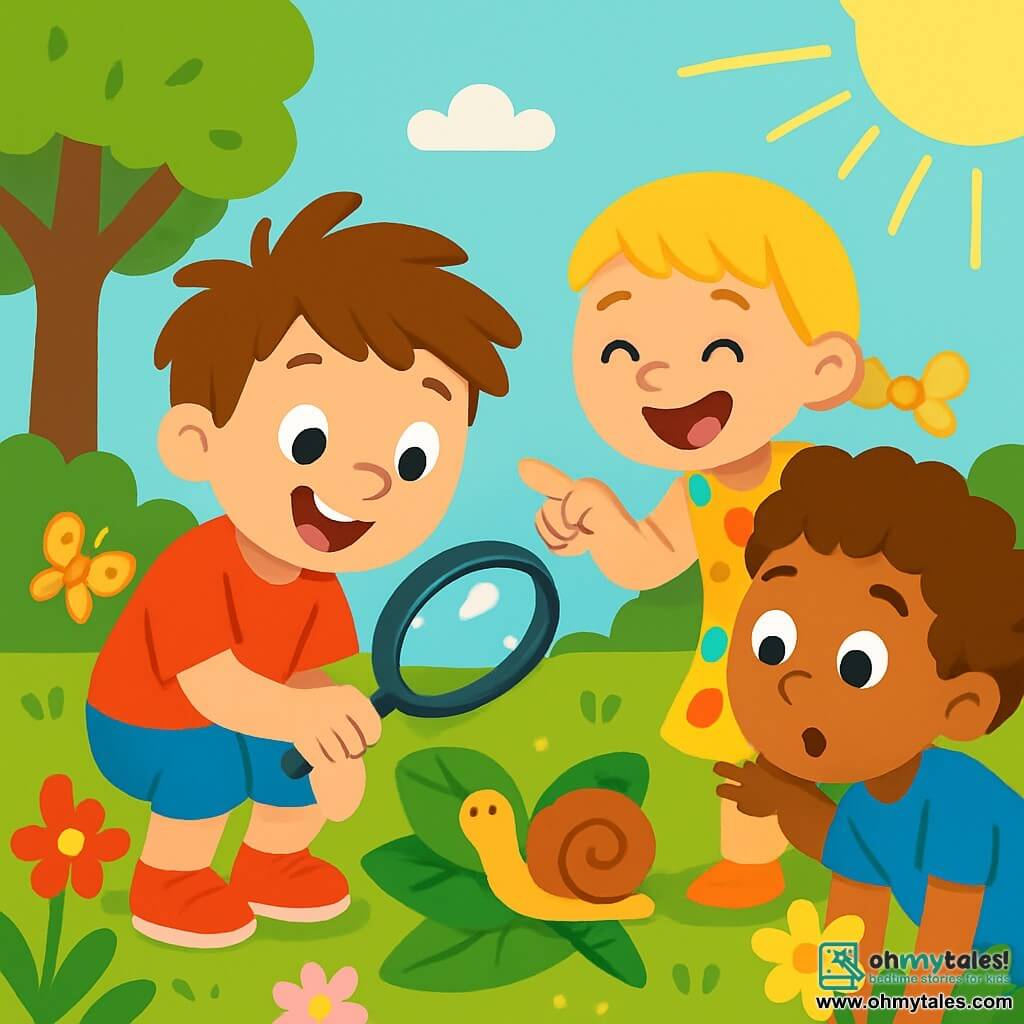 A 4-year-old boy named Max, with messy brown hair and a big joyful smile, is wearing shiny red shoes. He is crouched in a lush garden, holding a magnifying glass that enlarges a small snail on a leaf. Next to him, Mia, a 4-year-old girl with braided blonde hair and a colorful polka dot dress, laughs while pointing at the big snail. Leo, a 4-year-old boy with curly hair and a blue t-shirt, leans in to look through the magnifying glass, his eyes wide with wonder. The garden is filled with colorful flowers, fluttering butterflies, and a well-kept lawn under a clear blue sky. In the background, a large tree provides shade, with sunlight streaming through the leaves. The main scene shows Max, Mia, and Leo laughing together, discovering fun things with the magnifying glass, surrounded by a joyful and friendly atmosphere.