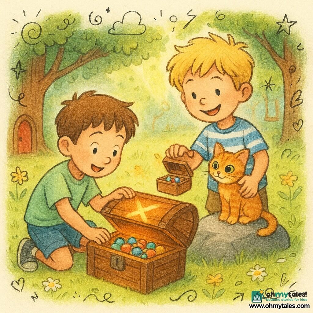 There are three characters: an about-8-year-old boy with short brown hair in a light green T-shirt and denim shorts crouching left and reaching to lift a large wooden chest on a flat stone; another about-8-year-old boy with tousled blond hair in a blue-and-white striped T-shirt standing right, smiling, holding a small box of colorful marbles and petting an orange tabby kitten; the female orange tabby kitten sits center on the stone with wide bright eyes, snuggling the standing boy. The scene is a sunny woodland clearing with short green grass, yellow daisies, tall brown-trunk trees with visible roots, diagonal sunbeams, floating leaves, an old swing in the background and a small red door set in the base of a left-hand tree. The main action: the boys discover a pale X on a warm stone that glows soft golden-orange; the stone pries open to reveal a wooden chest of shiny marbles and colorful stones; mood joyful and amazed, warm colors, soft contrasts, visible textures (veined wood, kitten fur, grass).
