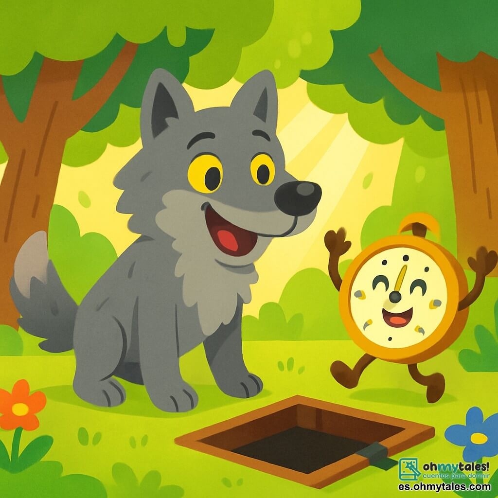 Un gran lobo de pelaje gris y sedoso, con ojos amarillos que brillan de sorpresa y gratitud, está de pie junto a una trampilla abierta en el suelo. Su expresión es alegre y aliviada, mostrando que finalmente es libre. A su lado, un pequeño reloj sonriente, con una esfera dorada y brazos de madera, baila con entusiasmo. Sus ojos redondos brillan de felicidad y levanta los brazos al aire, celebrando la victoria de su amistad. El decorado es un bosque encantado, con árboles de troncos gruesos y hojas verdes brillantes. Flores coloridas salpican el suelo y rayos de sol filtran a través de las ramas, creando una atmósfera cálida y acogedora. La situación principal muestra al lobo, antes temido, ahora liberado de su trampa, sonriendo y agradecido hacia su nuevo amigo, el pequeño reloj, que ha enfrentado peligros para ayudarlo.