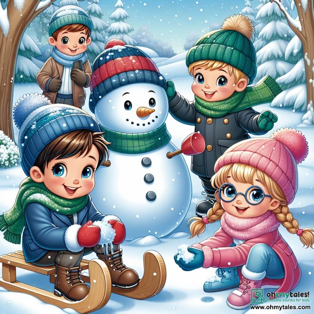 In the foreground, four children are gathered in a snowy park. Jamie, a 10-year-old boy with brown hair and sparkling eyes, is wearing a thick blue coat and a red hat while enthusiastically building a snowman. To his right, Mia, a 9-year-old girl with braided blonde hair and glasses, is playfully throwing a snowball. Lucas, an athletic 11-year-old boy, is sitting on a wooden sled, ready to slide down the hill, with his green scarf fluttering behind him. Finally, Ella, a 10-year-old girl with black hair and rosy cheeks, is admiring the snowflakes falling gently on her hand, dressed in a pink jacket and a pom-pom hat. The setting is a winter park with trees covered in sparkling snow, a large snow mound in the center where the children play, and a snowy hill in the background, perfect for sledding. The sky is a soft gray, sprinkled with slowly falling snowflakes, creating a magical atmosphere. The main scene shows the children having fun together, laughing and playing in the snow, creating joyful memories of a perfect winter day.