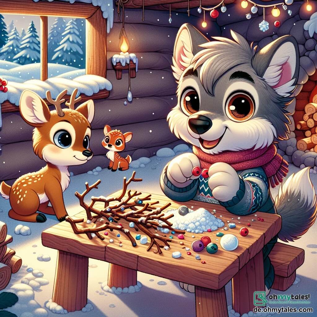 Ein kleiner Wolf namens Wuschel mit grauem Fell und funkelnden Augen sitzt an einem Holztisch in seiner gemütlichen Höhle, umgeben von bunten Materialien, um ein wunderschönes winterliches Kunstwerk zu schaffen. Er lächelt breit, seine Pfoten voller Schnee, während er Zweige und Eiskristalle zusammensetzt. Neben ihm beobachtet Ria, ein kleines Reh mit hellbraunem Fell und großen sanften Augen, ihn staunend, ihre Ohren aufgestellt und ein fröhliches Lächeln im Gesicht. Sie hält einen kleinen Schneeflocken in ihren Pfoten, bereit, ihn zum Kunstwerk hinzuzufügen. Rudi, ein junger Hirsch mit noch kleinen Geweihen, steht etwas im Hintergrund, seine Augen glänzen vor Aufregung, während er rote Beeren aufhebt, die er im Schnee gefunden hat, bereit, sie zum Tisch zu bringen. Die Szene spielt sich in einer gemütlichen Höhle ab, erleuchtet vom sanften Licht eines Holzfeuers, mit Wänden, die mit Schneemustern verziert sind, während draußen sanft Schneeflocken fallen und eine märchenhafte Winterlandschaft schaffen. Wuschel und seine Freunde arbeiten gemeinsam an ihrem Kunstprojekt, lachen und teilen Ideen, während die Außenwelt mit einer dicken Schicht funkelnden Schnees bedeckt ist, was die Magie ihres kreativen Moments verstärkt.