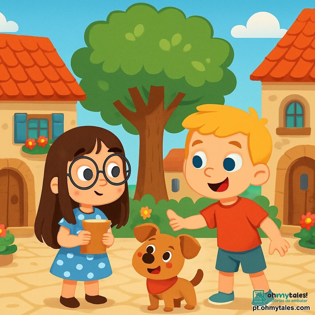 Há 2 personagens principais: - Luna: uma menina de 8 anos com cabelos longos e castanhos e óculos redondos. Ela usa um vestido azul com bolinhas brancas e segura um livro pequeno nas mãos. Ela está à esquerda, com os olhos arregalados de curiosidade. - Davi: um menino de 7 anos com cabelos curtos e loiros. Ele usa uma camiseta vermelha e um short de jeans. Ele está à direita de Luna, sorrindo e apontando para um cachorrinho. O cenário é uma pequena praça medieval, cercada por casas de pedra com telhados de telhas vermelhas. Flores coloridas crescem em jardineiras penduradas nas janelas, e os pavimentos antigos brilham sob o sol. No centro da praça, uma grande árvore com folhas verdes e brilhantes oferece sombra. A situação principal da história mostra Luna e Davi, maravilhados, diante de um cachorrinho com um pequeno lenço vermelho que os observa com olhos brilhantes. Eles acabaram de chegar a esse mundo estranho após ativar uma máquina do tempo e estão prontos para explorar essa nova aventura juntos.