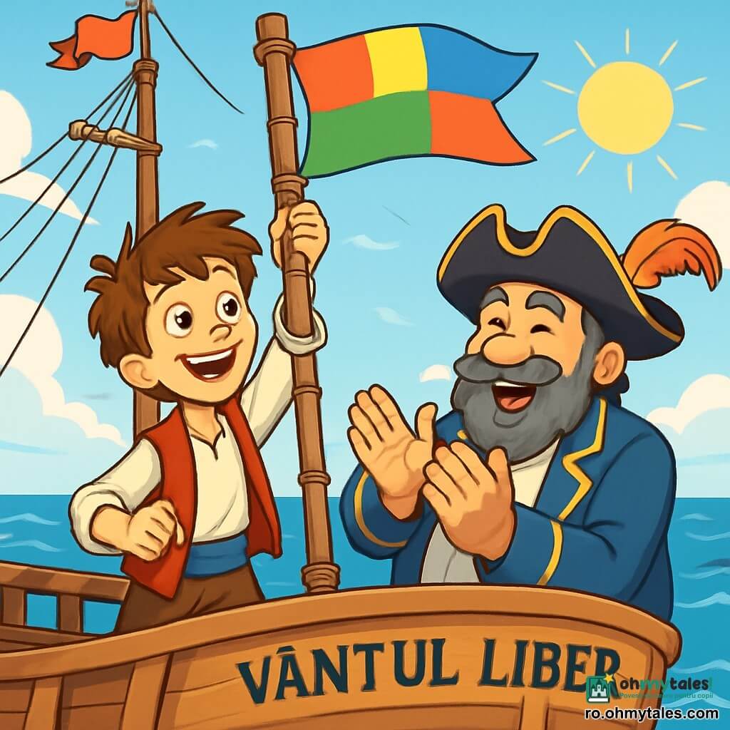 Un tânăr pirat, Radu, un băiat de aproximativ 10 ani, stă pe puntea unei nave din lemn, cu un zâmbet larg pe fața sa jucăușă. Are părul castaniu zbârlit, o cămașă albă ușor uzată și o vestă roșie, și ridică un pavilion colorat în vârful unui catarg improvizat. Lângă el, căpitanul Ion, un bărbat de cincizeci de ani cu o barbă groasă și căruntă, poartă o pălărie de pirat împodobită cu o pană și aplaudă cu mândrie, stând aproape de Radu. Decorul este o mare azurie, cu valuri strălucitoare sub un cer însorit, iar nava, „Vântul Liber”, este decorată cu frânghii și steaguri fluturând. Situația principală arată cum Radu și echipajul sărbătoresc succesul după ce au construit un catarg de ocazie, cu expresii de bucurie și excitație pe fețele lor, în timp ce vântul face să fluture pavilionul pe care tocmai l-au ridicat.