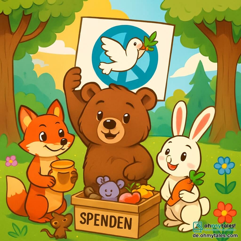 Ein Braunbär namens Bruno, mit weichem und seidig glänzendem Fell, steht in der Mitte der Szene und zeigt einen entschlossenen und wohlwollenden Gesichtsausdruck. Er hält ein großes Blatt Papier, auf dem er eine Friedensbotschaft geschrieben hat, umgeben von seinen Freunden. Zu seiner Rechten schaut ein kleiner weißer Hase namens Hoppel, mit großen Ohren und funkelnden Augen, begeistert und hält eine Karotte in seinen Pfoten. Links lächelt eine schlaue Füchsin, Finja, mit leuchtend orangefarbenem Fell und schelmischen Augen, während sie einen Honigtopf hält. Der Hintergrund ist eine grüne Lichtung, die im goldenen Sonnenlicht erstrahlt, mit majestätischen Bäumen im Hintergrund und bunten Blumen, die im Wind tanzen. Auf dem Boden steht eine große Holzkiste, gefüllt mit Spenden, umgeben von neugierigen kleinen Tieren. Die Szene zeigt Bruno und seine Freunde, die Gegenstände sammeln, um den Menschen im benachbarten Dorf zu helfen, und veranschaulicht so den Geist von Solidarität und Frieden.