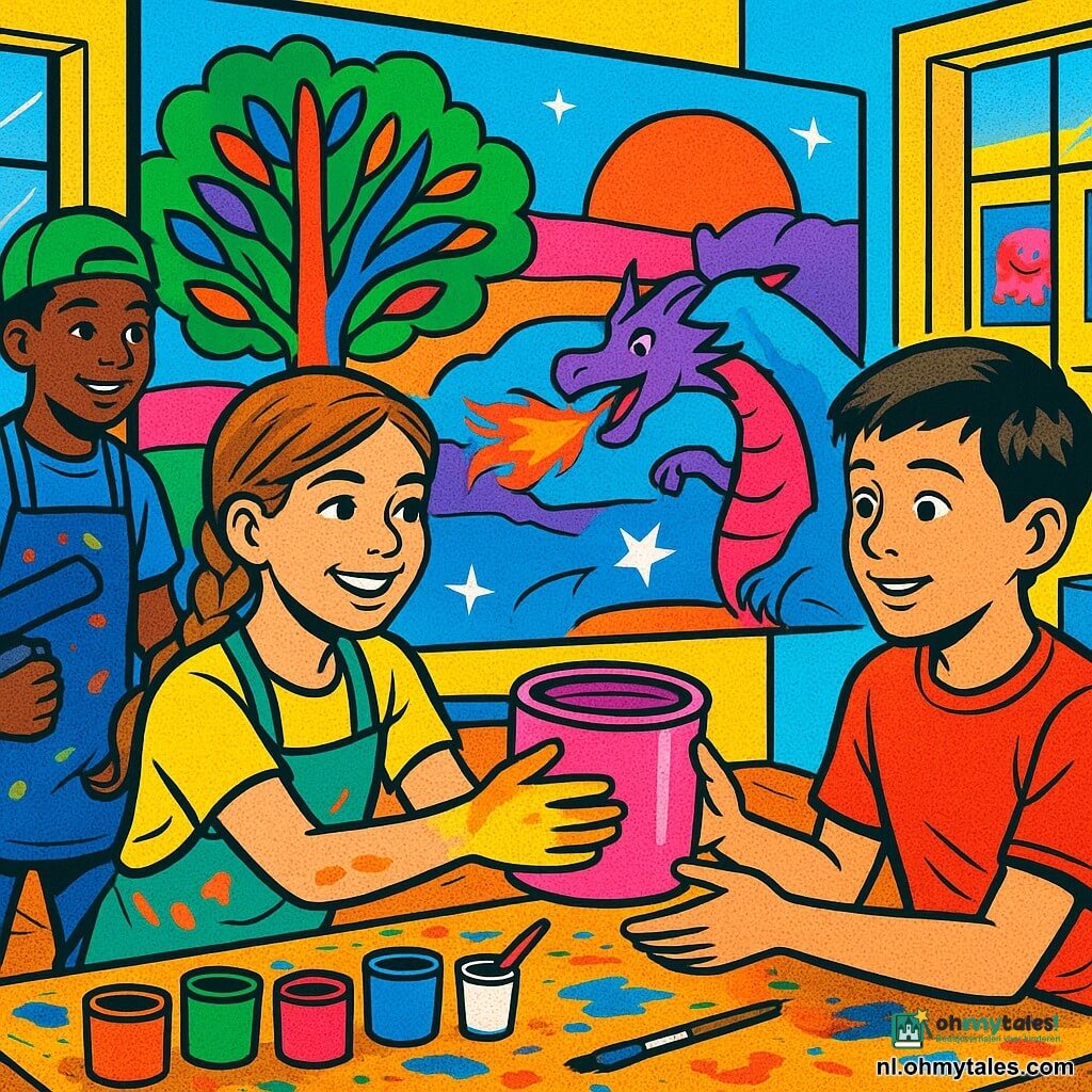 Mila, 12 jaar, glimlachend en vastberaden, lichtbruin gevlochten haar, handen met gele en oranje verf, reikt een grote pot roze verf aan een klasgenoot terwijl ze bij een houten tafel met verfvlekken staat; Bram, ongeveer 11 jaar, verrast en opgelucht, kort bruin haar, zit aan de andere kant van de tafel en accepteert de pot met een verlegen glimlach; Alex, ongeveer 12 jaar, rustig en oplettend, kort donker haar, schildert witte sterren met een fijn penseel naast het grote doek achter Mila; Timo, ongeveer 13 jaar, half geamuseerd half geconcentreerd met een scheef capje, houdt een donkerblauwe roller links van het doek en kijkt speels naar de groep; in een helder atelier met grote ramen staan verfpotten als snoepjes (rood, blauw, groen, zwart, wit, felroze), kartonnen drankjes, beschilderde schorten, een houten vloer met verfsplashes en kinderlijke posters aan de muur; centraal delen de kinderen warm een moment terwijl ze samen een grote banner schilderen met een meerkleurige boom, een roze-oranje zonsondergang en een klein draakje dat roze vlammen spuwt, in een optimistische en inclusieve sfeer.