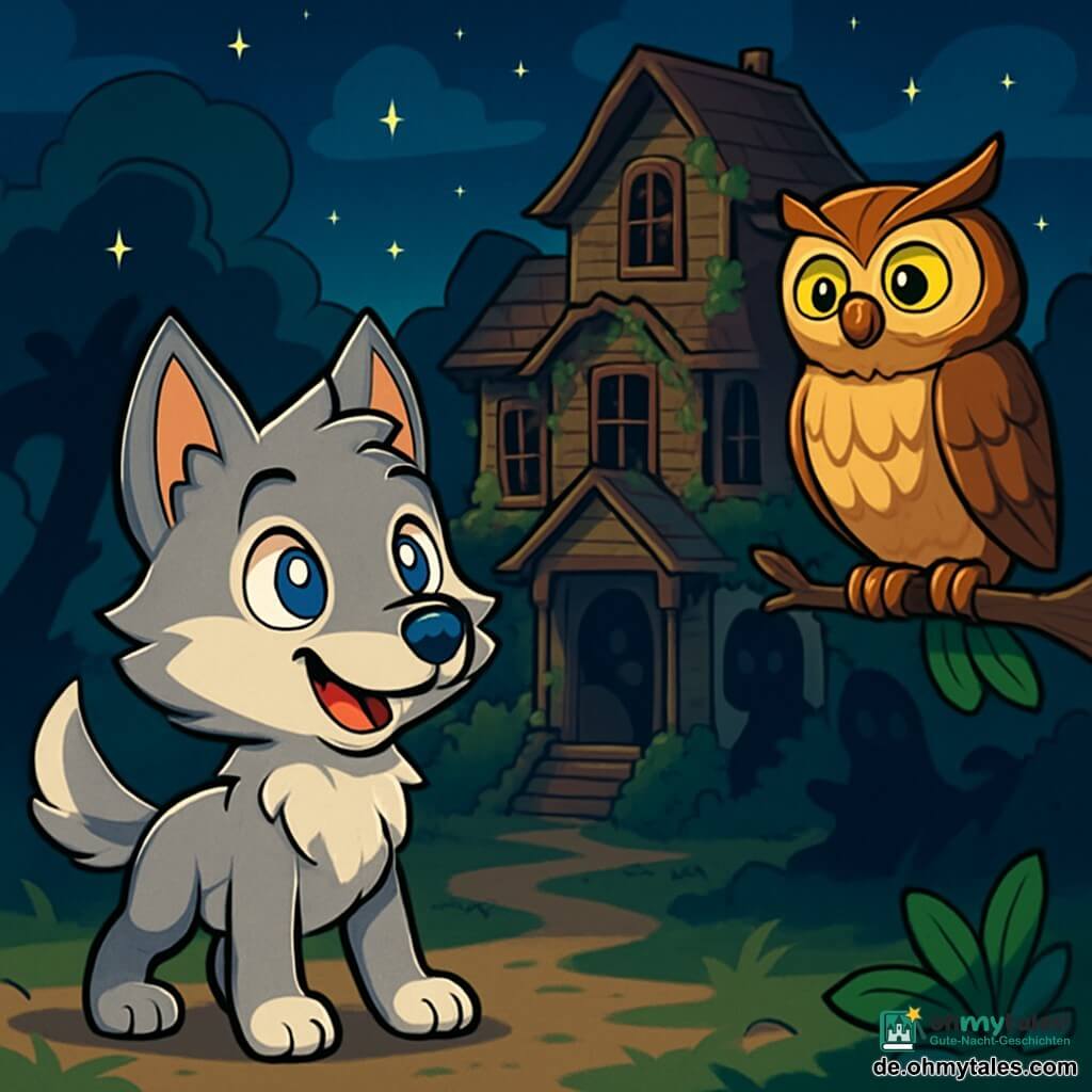 Ein kleiner Wolf namens Lupus mit silbergrauem Fell und leuchtenden Augen steht mutig vor einem alten Herrenhaus. Er zeigt eine Mischung aus Neugier und Aufregung, mit aufgerichteten Ohren und wedelndem Schwanz. Neben ihm sitzt eine weise Eule mit braunen und goldenen Federn, die auf einem Ast sitzt und Lupus mit großen, aufmerksamen Augen ansieht, bereit, ihm Ratschläge zu geben. Im Hintergrund erhebt sich ein altes Holzhaus, das mit grünen Lianen und staubigen Fenstern bedeckt ist, unter einem sternenklaren Nachthimmel, was eine geheimnisvolle Atmosphäre schafft. Die Schatten tanzen um das Haus und bilden faszinierende Silhouetten, die scheinbar Geheimnisse murmeln. Lupus ist entschlossen, das Geheimnis der ihn umgebenden Schatten zu entdecken.