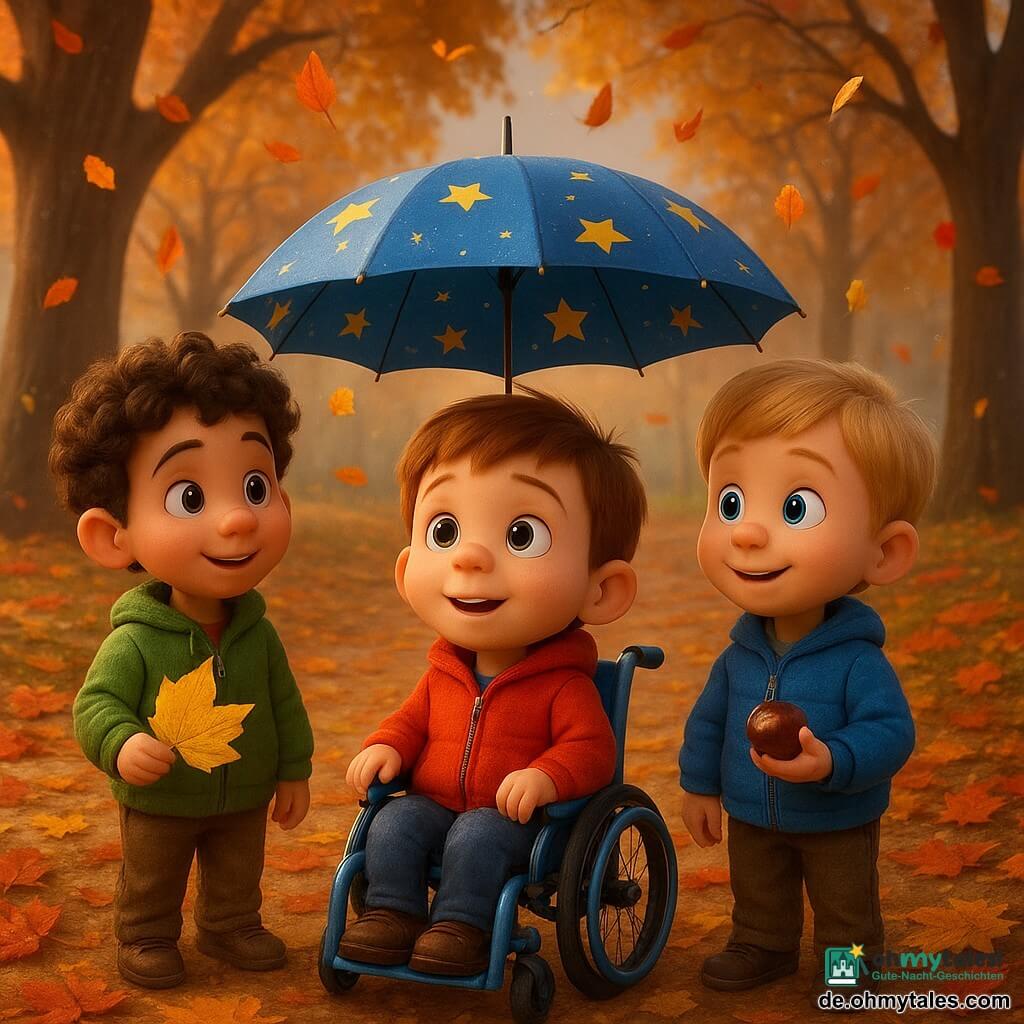 Es gibt 3 Hauptfiguren: Ein Junge namens Lukas, 3 Jahre alt, sitzt in einem kleinen blauen Rollstuhl. Er trägt eine leuchtend rote Jacke und hält einen kleinen blauen Regenschirm mit gelben Sternen. Er ist im Zentrum des Bildes. Ein Junge namens Ben, 3 Jahre alt, steht links von Lukas. Er hat lockiges braunes Haar und trägt eine grüne Jacke. Er hält ein großes gelbes Blatt in der Hand. Ein Junge namens Tom, 3 Jahre alt, steht rechts von Lukas. Er hat blondes Haar und trägt eine blaue Jacke. Er hält eine glänzende kleine Kastanie in der Hand. Der Ort ist ein bezaubernder Herbstpark. Der Boden ist mit bunten roten, gelben und braunen Blättern bedeckt. Dicke Baumstämme mit kahlen Ästen umgeben die Szene. Ein leichter Blätterteppich bedeckt den gewundenen Weg. Die Hauptsituation zeigt die drei Jungen unter Lukas' Regenschirm, wie sie staunend die bunten Blätter betrachten, die sanft um sie herum fallen. Der Himmel ist leicht bewölkt, mit ein paar Sonnenstrahlen, die hindurchscheinen und die Blätter erleuchten, was eine warme und magische Atmosphäre schafft.