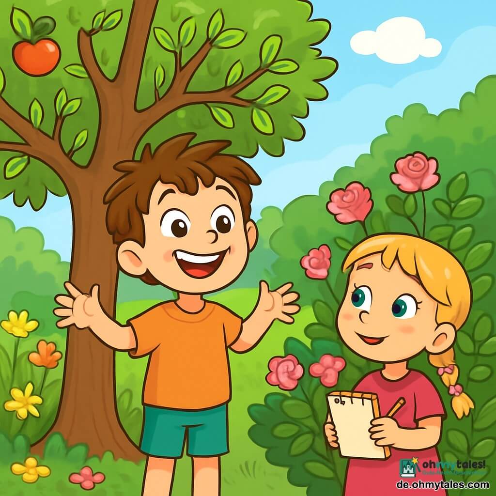 Ein 6-jähriger Junge namens Mats mit zerzausten braunen Haaren und neugierigen Augen steht vor einem großen Apfelbaum. Er lächelt strahlend mit offenen Armen, begeistert von den neuen, zarten grünen Blättern, die aus den Knospen sprießen. Neben ihm steht seine 4-jährige Schwester Mia mit geflochtenem blonden Haar und strahlend blauen Augen, die fasziniert die kleinen rosa Blumen betrachtet, die am Rosengebüsch zu blühen beginnen. Sie hält ein kleines Notizbuch in den Händen, bereit zu zeichnen. Im Hintergrund ist der Garten voller bunter Blumen, grüner Sträucher und eines klaren blauen Himmels mit flauschigen weißen Wolken. Mats und Mia sind umgeben von der Schönheit des Frühlings und entdecken gemeinsam die Wunder der erwachenden Natur.