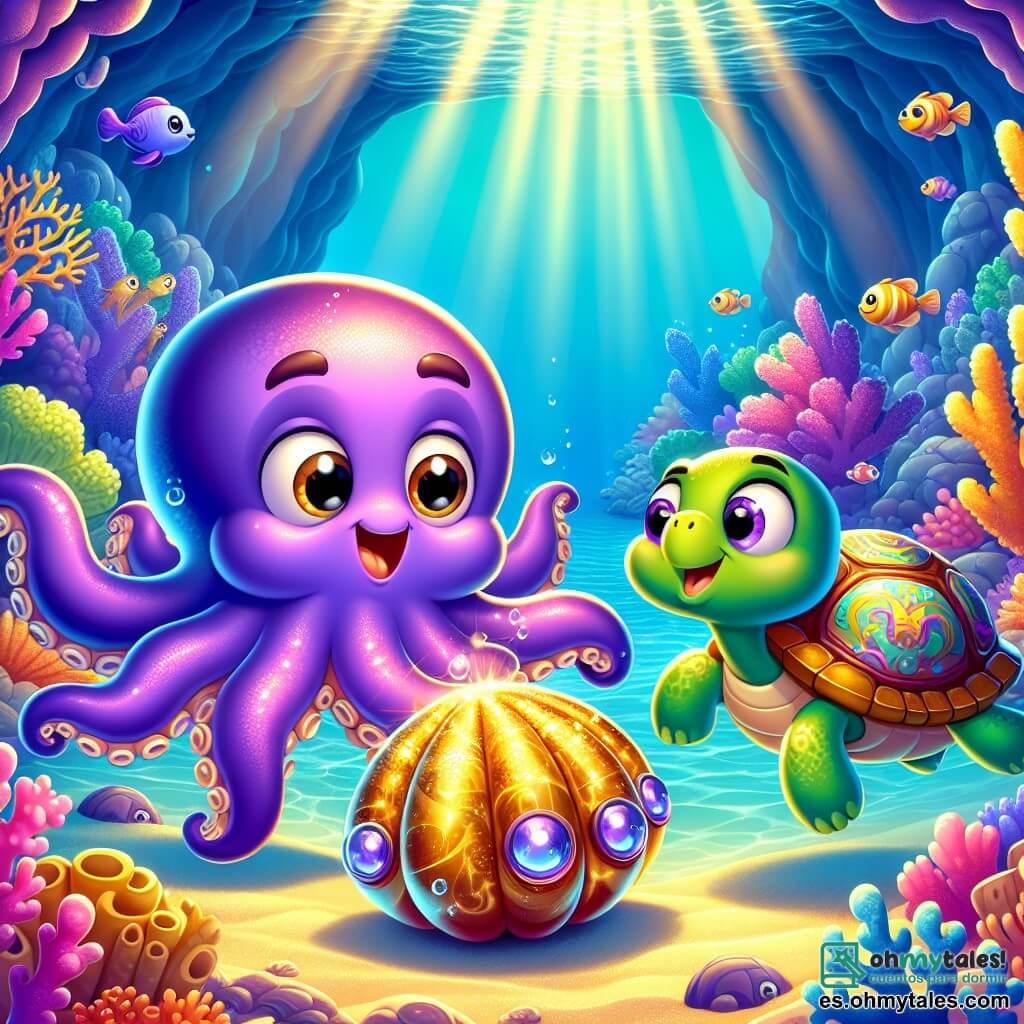 Un pequeño pulpo llamado Octavio, con tentáculos vibrantes de azul y violeta, nada con entusiasmo en una cueva submarina, con sus grandes ojos redondos brillando de emoción. Sostiene una concha dorada brillante en sus tentáculos, iluminada por una suave luz dorada. A su lado, su mejor amiga, una tortuga sabia llamada Tula, con un caparazón verde adornado con patrones coloridos, observa con curiosidad, sus ojos brillando de sabiduría y asombro. Su entorno es una cueva submarina, llena de corales multicolores, peces tropicales que bailan a su alrededor y rayos de luz filtrándose a través del agua, creando una atmósfera mágica. En esta escena, Octavio y Tula descubren juntos el misterio de la concha dorada, listos para resolver la enigma que los llevará a una gran aventura.