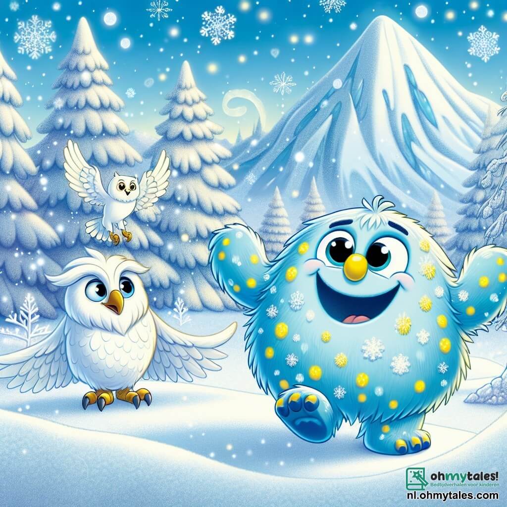 Fluffel, een vrolijk monster dat op een grote sneeuwbal lijkt, met een zachte blauwe huid bezaaid met gele vlekken, danst enthousiast in de sneeuw, zijn gezicht straalt van geluk en zijn grote ronde ogen fonkelen van nieuwsgierigheid. Naast hem observeert de wijze sneeuwuil, een uil met witte en zilveren veren, met een welwillende glimlach, zijn ogen stralen van intelligentie, terwijl hij lichtjes boven Fluffel zweeft, klaar om hem te begeleiden in zijn avontuur. De achtergrond is een prachtige ijzige berg, met fonkelende toppen in de zon, sneeuwvlokken die zachtjes om hen heen vallen, en bomen bedekt met ijscrystals die schitteren als diamanten. De scène toont Fluffel en de sneeuwuil die zich voorbereiden om de mysterieuze grot te verkennen die verborgen is achter een ijswaterval, waar ze hopen het geheim te ontdekken om de magie van de sneeuw te redden die begint te verdwijnen.