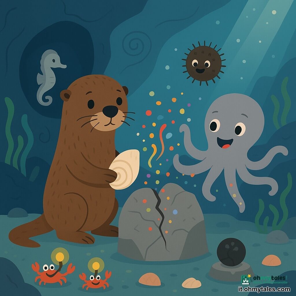 Il protagonista è una giovane lontra marina determinata e dolce, pelo bruno, che porge una conchiglia chiara davanti a una pietra crepata; la seppia Piuma, grigia e ora sorpresa e gioiosa, riceve macchie colorate che escono a spirale dalla crepa, i suoi tentacoli danzano; il riccio Spine, piccolo e sferico, rimbalza leggero da un angolo roccioso con aculei morbidi e sorriso stupito; un vecchio cavalluccio marino bibliotecario osserva saggio da una fessura a sinistra; la grotta sommersa è semi-oscura, con incisioni a spirale, alghe verdi, conchiglie, tre granchi-lanterna con bulbi gialli sincronizzati e una perla nera incrinata su un piedistallo di roccia; raggi di luce filtrano dalla superficie e particelle luminose fluttuano nell'acqua.