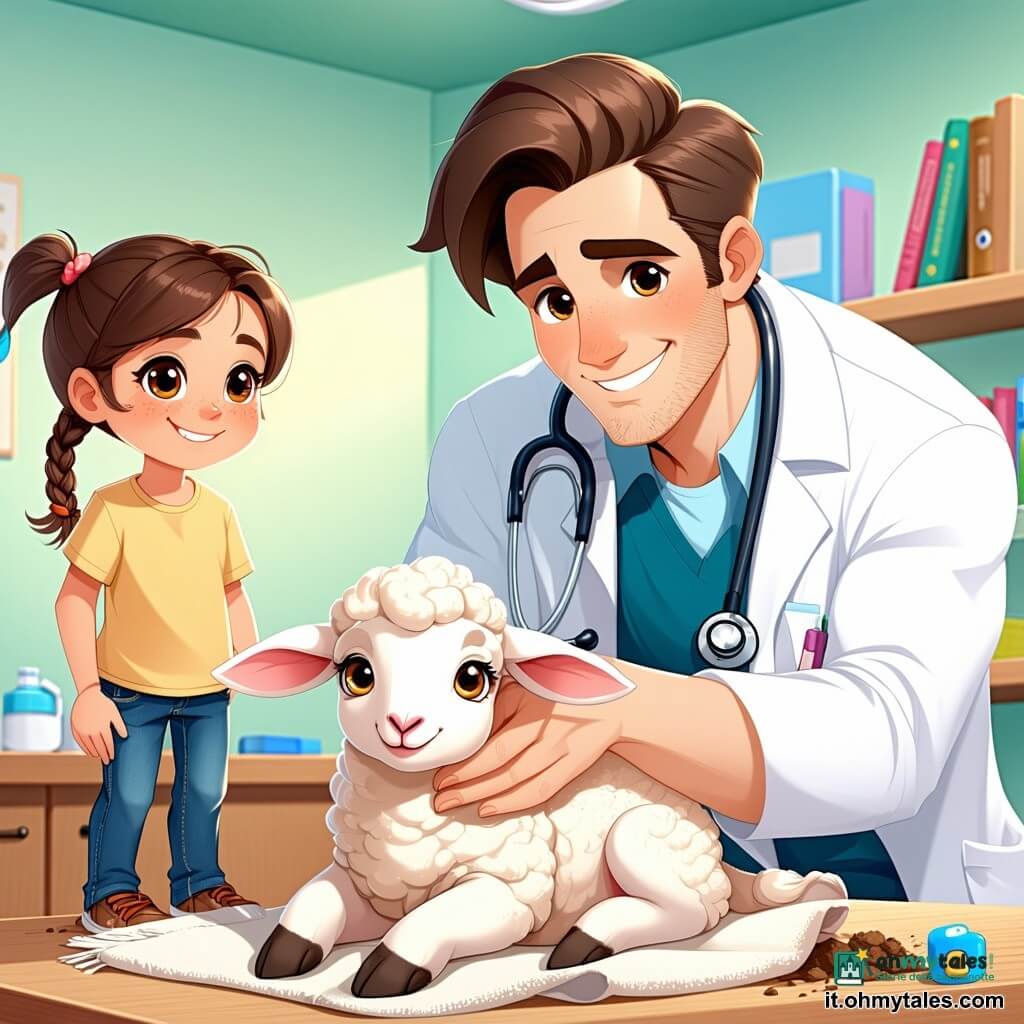 Un veterinario uomo di circa trent'anni, con capelli castani disordinati e un sorriso caloroso, si china con attenzione su un agnello piccolo dagli occhi brillanti, seduto su una coperta morbida. Indossa uno stetoscopio al collo e un camice bianco, leggermente macchiato di terra, a testimonianza del suo impegno. Accanto a lui, una bambina di otto anni, con capelli biondi intrecciati, osserva con curiosità, le mani sui fianchi, meravigliata dalla scena. La clinica veterinaria è luminosa e accogliente, con pareti dipinte di verde pastello, scaffali pieni di libri sugli animali e manifesti colorati di diverse specie appesi alle pareti. Sullo sfondo, una finestra lascia entrare la luce del sole, illuminando i giocattoli per animali sparsi sul pavimento. La situazione principale mostra il veterinario che esamina l'agnello ferito, pronto a fornirgli cure, mentre la bambina, piena di speranza, attende con impazienza di vedere come lo aiuterà.