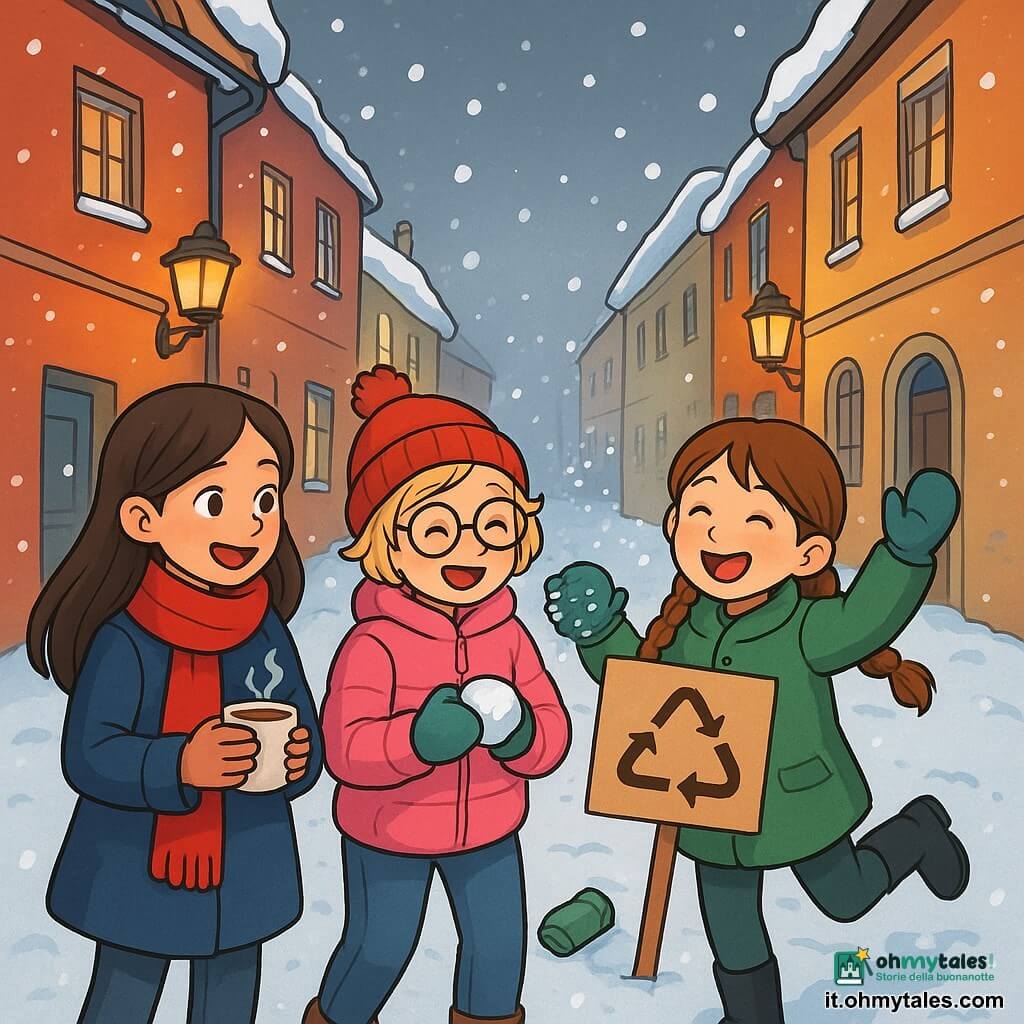 Ci sono 3 personaggi: - Camilla: una ragazza di 10 anni, con lunghi capelli castani e occhi scintillanti. Indossa una sciarpa rossa e un cappotto blu, tenendo una tazza di cioccolata calda tra le mani. - Sofia: una ragazza di 10 anni, con capelli biondi corti e occhiali rotondi. Indossa un piumino rosa e un berretto con pompon, mentre scuote la neve dai suoi guanti. - Aurora: una ragazza di 10 anni, con capelli castani e trecce. Indossa un cappotto verde e stivali neri, saltellando felicemente nella neve. Le tre ragazze sono insieme al centro di un vicolo stretto, circondate da case antiche dai colori vivaci. La neve copre il terreno come un morbido tappeto bianco, e fiocchi scendono dolcemente dal cielo grigio. Lampioni dorati illuminano la scena, creando un'atmosfera calda e magica. Le ragazze stanno raccogliendo rifiuti nella neve, con espressioni determinate e gioiose. Camilla tiene un piccolo cartello fatto a mano, mentre Aurora e Sofia ridono e chiacchierano, circondate da fiocchi di neve che danzano attorno a loro.