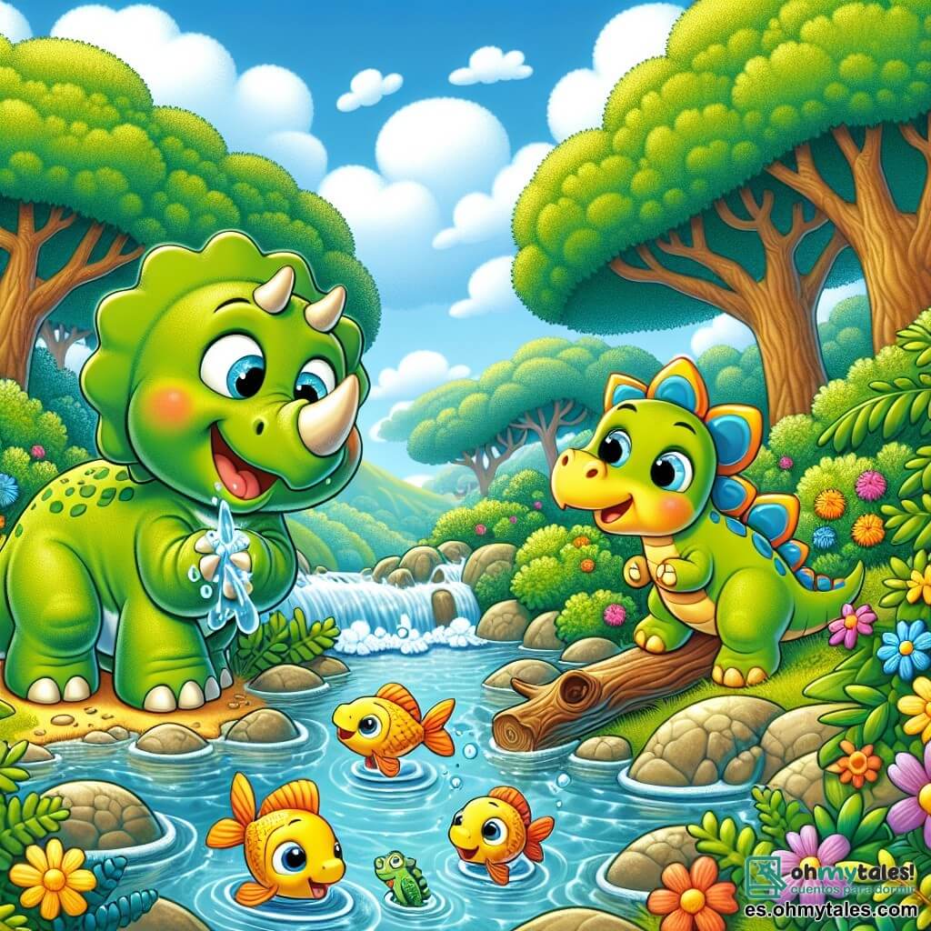 Un triceratops llamado Tito, con piel verde brillante y tres cuernos relucientes, se encuentra alegremente al borde de un arroyo, bebiendo agua fresca. Sus ojos brillan de emoción y su amplia sonrisa refleja su buen humor. A su lado, un pequeño estegosaurio llamado Estela, con placas coloridas en su espalda y una expresión curiosa, observa peces coloridos saltando en el agua. Un poco más lejos, un joven dinosaurio llamado Dino, con piel amarilla y ojos llenos de gratitud, es liberado de las ramas de un árbol. El escenario es una isla exuberante, llena de majestuosos árboles verdes, flores vibrantes y un cielo azul salpicado de nubes blancas. La situación principal muestra a Tito y Estela ayudando a Dino a liberarse, todos juntos en un momento de amistad y solidaridad, rodeados por la belleza de la naturaleza.