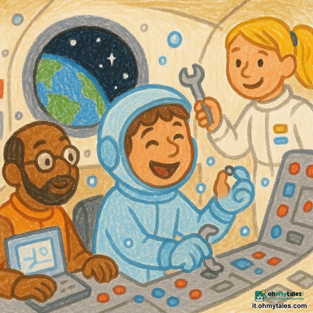 Un uomo, Luca, sorridente in tuta spaziale blu chiaro con casco mezzo sollevato, capelli castani e occhi ridenti, rimette una piccola vite argentata in un pannello grigio mentre piccole gocce d'acqua sferiche fluttuano; una collega astronauta bionda con coda di cavallo in tuta bianca con patch colorati gli porge una chiave inglese stando dietro a destra; un ingegnere con barba leggera e occhiali tondi in panciotto arancione è seduto a una console a sinistra mostrando un disegno tecnico su schermo; interno di un piccolo cockpit dalle forme arrotondate, pareti crema, pannelli grigi, pulsanti rossi e blu e un grande oblò con la Terra blu e stelle, atmosfera calda e rassicurante, stile matita, colori pastello e tratti semplici e gioiosi.
