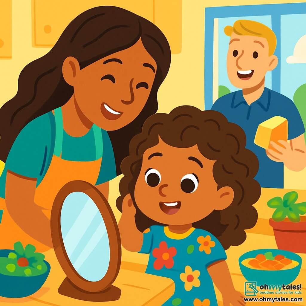 A 4-year-old girl, Mila, with beautiful curly brown hair, joyfully smiles at a mirror. Her eyes sparkle with curiosity and wonder. She wears a colorful dress with flower patterns. Next to her, her mother, a woman of Latin American descent with long wavy hair, leans toward Mila with a warm smile, sharing a tender moment in the kitchen. Mila's father, a European man with short blonde hair, enters the kitchen holding bread and cheese, smiling at his daughter and wife, adding joy to the scene. The kitchen is bright and welcoming, with light yellow walls, a wooden table laden with colorful dishes, and windows letting in sunlight. Fresh herbs and fruits are arranged on the countertop. The main scene shows Mila asking questions about her curly hair, surrounded by her parents, who explain the beauty of diversity and their family. The atmosphere is joyful and full of love, illustrating the importance of celebrating differences.