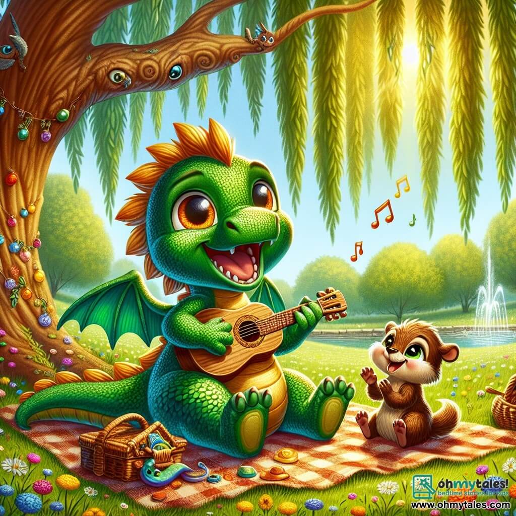 An illustration depicts a young dragon with emerald scales and golden fur, sparkling with joy in its eyes. It sits on a picnic blanket, a big smile on its face, holding a small wooden guitar, ready to sing a song for its father. Next to it, a small brown squirrel with bright eyes, showing an amused and enthusiastic expression, claps with its tiny paws while sitting on the blanket. A fluffy, glowing cloud with a smiling face floats above them, adding a touch of magic to the scene. The main setting is a lush park bathed in golden light, featuring a large weeping willow with gently drooping branches, creating a warm and welcoming atmosphere. Colorful flowers dot the grass, and children's laughter echoes in the background. The main situation shows the young dragon singing a sweet melody to celebrate Father's Day, surrounded by friends gathered to share a moment of happiness and love. Additional graphic elements include brightly colored garlands hanging from the willow branches, a picnic basket overflowing with treats, and floating balloons in the sky, symbolizing joy and celebration.
