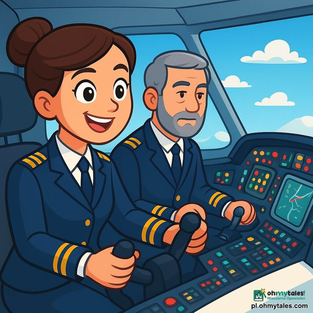Uśmiechnięta pilotka z brązowymi włosami związanymi w kok nosi granatowy mundur z złotymi pagonami. Jej oczy błyszczą ekscytacją i determinacją, gdy trzyma stery dużego białego samolotu z długim dziobem i rozpostartymi skrzydłami. Obok niej stoi starszy mężczyzna, kapitan, z siwymi włosami i zadbaną brodą, który z poważnym wyrazem twarzy obserwuje instrumenty pokładowe, gotowy do pomocy. Kabina jest wypełniona migającymi światłami, kolorowymi przyciskami i ekranami wyświetlającymi mapy lotu. Na zewnątrz niebo jest jasnoniebieskie, z kilkoma puszystymi białymi chmurami, a poniżej widać zielone góry i złote pola. Główna sytuacja pokazuje pilotkę przejmującą kontrolę nad samolotem, gotową do startu, z poczuciem radości i odpowiedzialności, podczas gdy przygotowują się do przelotu nad pięknym krajobrazem.