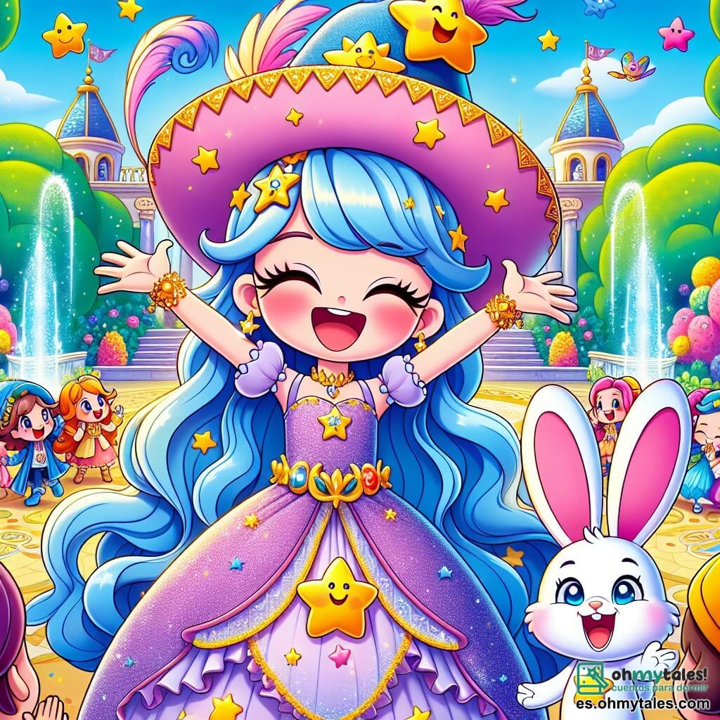 La princesa Lunaluna, una niña de unos 10 años, tiene el cabello largo y brillante de color azul, y lleva un vestido lila adornado con estrellas doradas. Muestra una gran sonrisa alegre, con los ojos chispeantes de malicia, mientras se encuentra en el centro del escenario, levantando los brazos con entusiasmo. A su lado, Rabo-Rápido, un pequeño conejo blanco con grandes orejas rosas, hace muecas cómicas, con las patas levantadas como si estuviera bailando, añadiendo a la atmósfera festiva. El escenario se sitúa en la hermosa plaza del reino encantado de Risalandia, donde árboles de hojas multicolores rodean una fuente brillante y flores gigantes de colores vivos. Niños ríen y aplauden a su alrededor, mientras aves coloridas vuelan en el cielo azul. La situación principal muestra a Lunaluna usando un sombrero mágico, contando chistes y haciendo trucos de magia, provocando risas entre todos los habitantes del reino, creando una atmósfera de alegría y felicidad contagiosa.