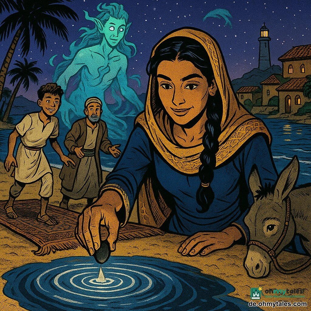 Samira, etwa 28, sanftes, entschlossenes Gesicht, haselnussbraune Augen, gebräunte Haut, schwarze Zöpfe, tiefblaues Kleid und goldbestickter Schal, hält über einem Wasserkreis einen kleinen mattschwarzen Stein und blickt ruhig mit Mitgefühl; hinter ihr auf einem ausgerollten fliegenden Teppich steht Nuri, ca. 16, mit schelmischem Lächeln, kurz gelocktem Haar, helle Tunika und Sandalen, eine Hand am Teppichrand; neben dem Teppich ein Händler, ca. 45, grau getrimmter Bart, etwas abgenutzte saubere Kleidung, beschämter, erleichterter Blick; am Rand des Teppichs angebunden Sultan der Esel, stämmig, grau-braunes Fell, sanfter Blick, schnüffelt am Sand; hinter Samira erhebt sich eine Meeresdschinn, halb Mensch, halb Wasser, durchsichtig grün-blau, algenartige Haare, mit wohlwollendem Blick und mondlichtscheinender Haut aus einer Welle; Schauplatz: von Tausendundeiner Nacht inspirierte nächtliche Bucht mit goldenem Sand, geneigten Palmen, ockerfarbenen Häusern mit Ziegeldächern, fernem steinernen Leuchtturm, violettem Sternenhimmel und silbernen Wasserreflexen; Moment: Samira lässt den Stein in die Wasserfläche fallen, die Wellen glätten sich, Mondlicht bildet einen silbernen Heiligenschein, der Teppich liegt auf dem Sand, alle zeigen Erleichterung; visuelle Stimmung: warme, satte Farben (tiefblau, Gold, Violett), detaillierte Texturen (Teppichgeflecht, Sandkorn, matte Steinoberfläche), klare Kontraste, saubere Tusche, amerikanischer Comicstil, Komposition zentriert auf Samira und den Stein, um Emotion und Magie zu vermitteln.