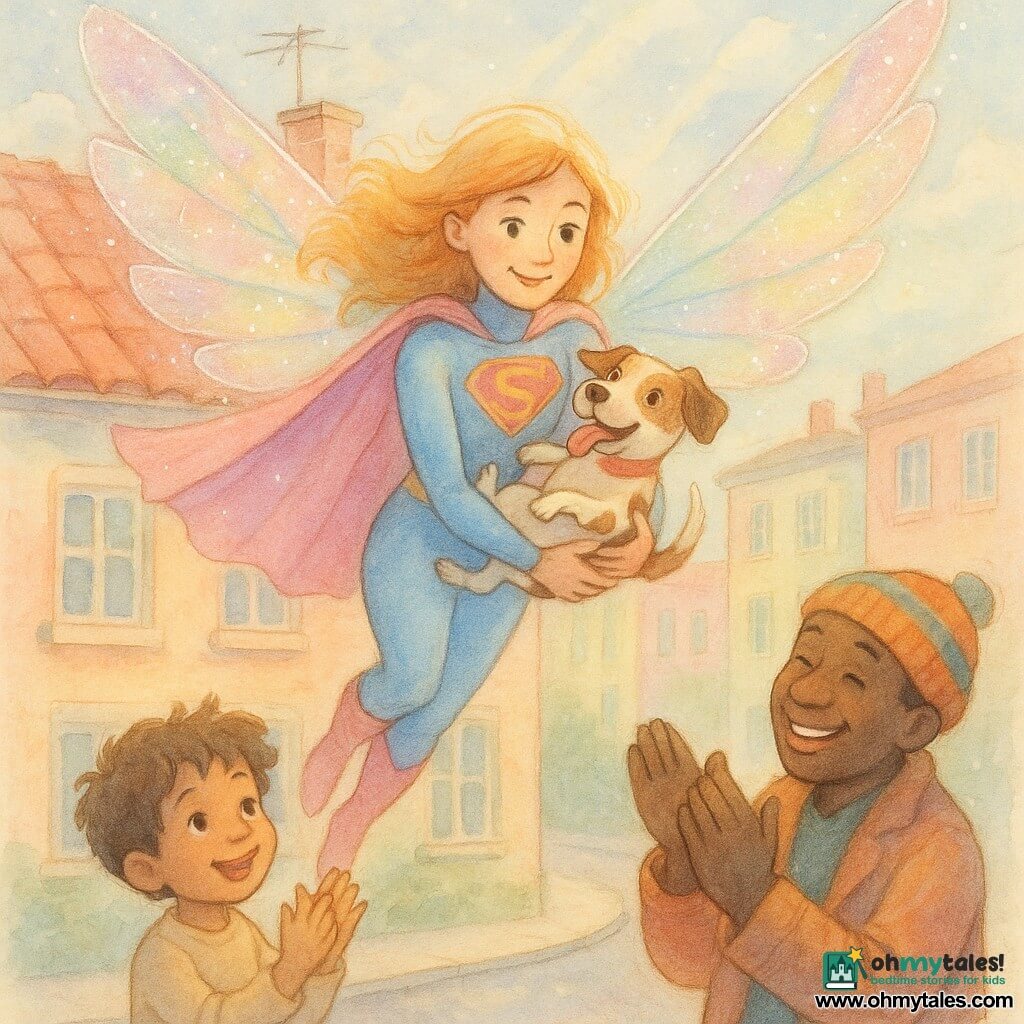 A radiant female superhero with a gentle smile and bright eyes, wearing a sky-blue and pastel-pink costume and large translucent rainbow wings, flying down from a red-tiled roof to hand a small spotted dog to a delighted six-year-old boy with tousled brown hair who stands on the sidewalk applauding; a smiling man in a colorful hat and coat applauds beside the boy; the relieved dog is held against the heroine’s chest; light-blue sky with fluffy clouds, soft sunbeams and pastel building facades create a joyful, reassuring rescue scene.