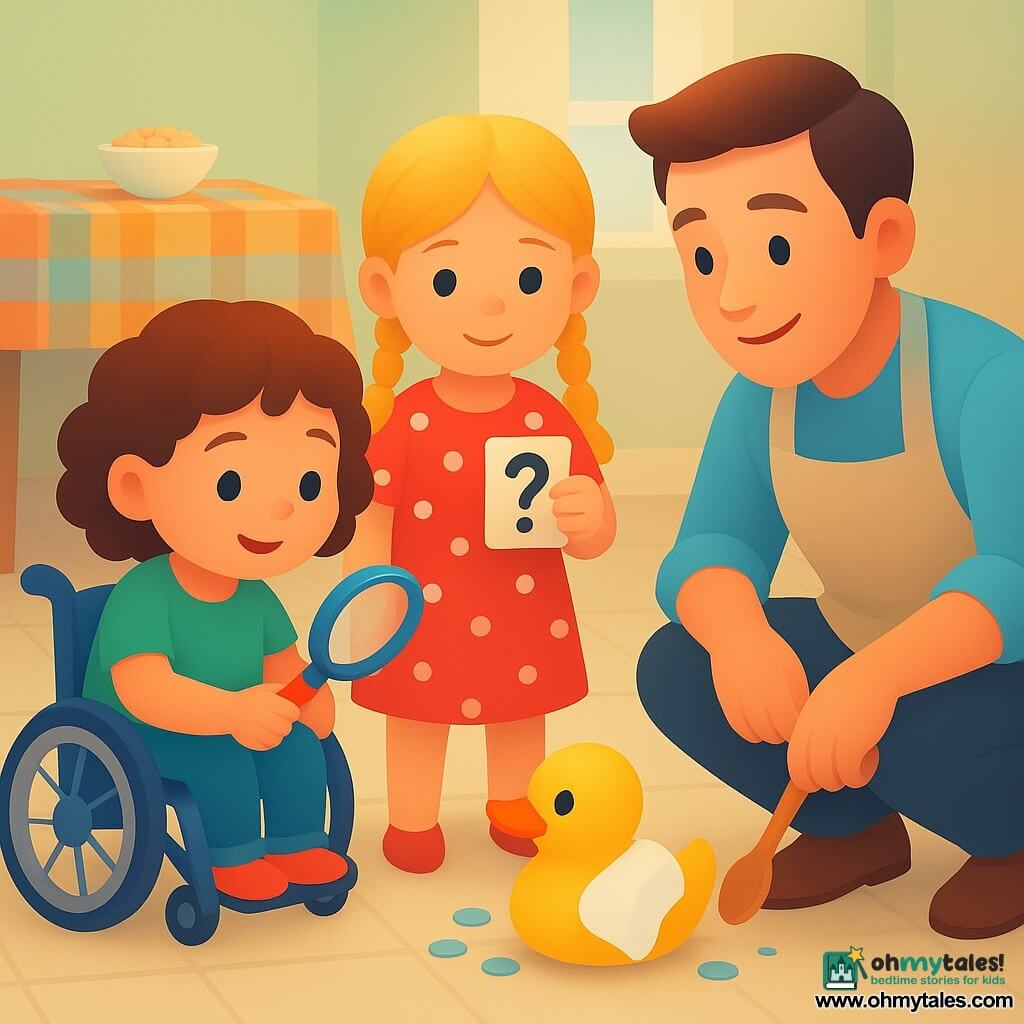 The image features three main characters: a little girl named Mia, about 3 years old, with curly brown hair, sitting in a small blue wheelchair, holding a colorful plastic magnifying glass. She is on the left side of the image. Another little girl named Lulu, around 4 years old, with blonde hair in braids, wearing a red dress with white polka dots, stands next to Mia. She is in the center of the image, holding a small clue card. An adult man, their father, with brown hair and wearing a kitchen apron, is crouched on the right side of the image, holding a wooden spoon. The setting is a bright and welcoming kitchen with pastel walls and a light-tiled floor. A wooden table is visible in the background, with a bowl of oatmeal and a small colorful tablecloth. The main situation shows Mia and Lulu discovering a yellow plastic duck, wearing a towel as a cape, on the kitchen floor. The duck is surrounded by small water droplets, adding a touch of mystery and fun to the scene.