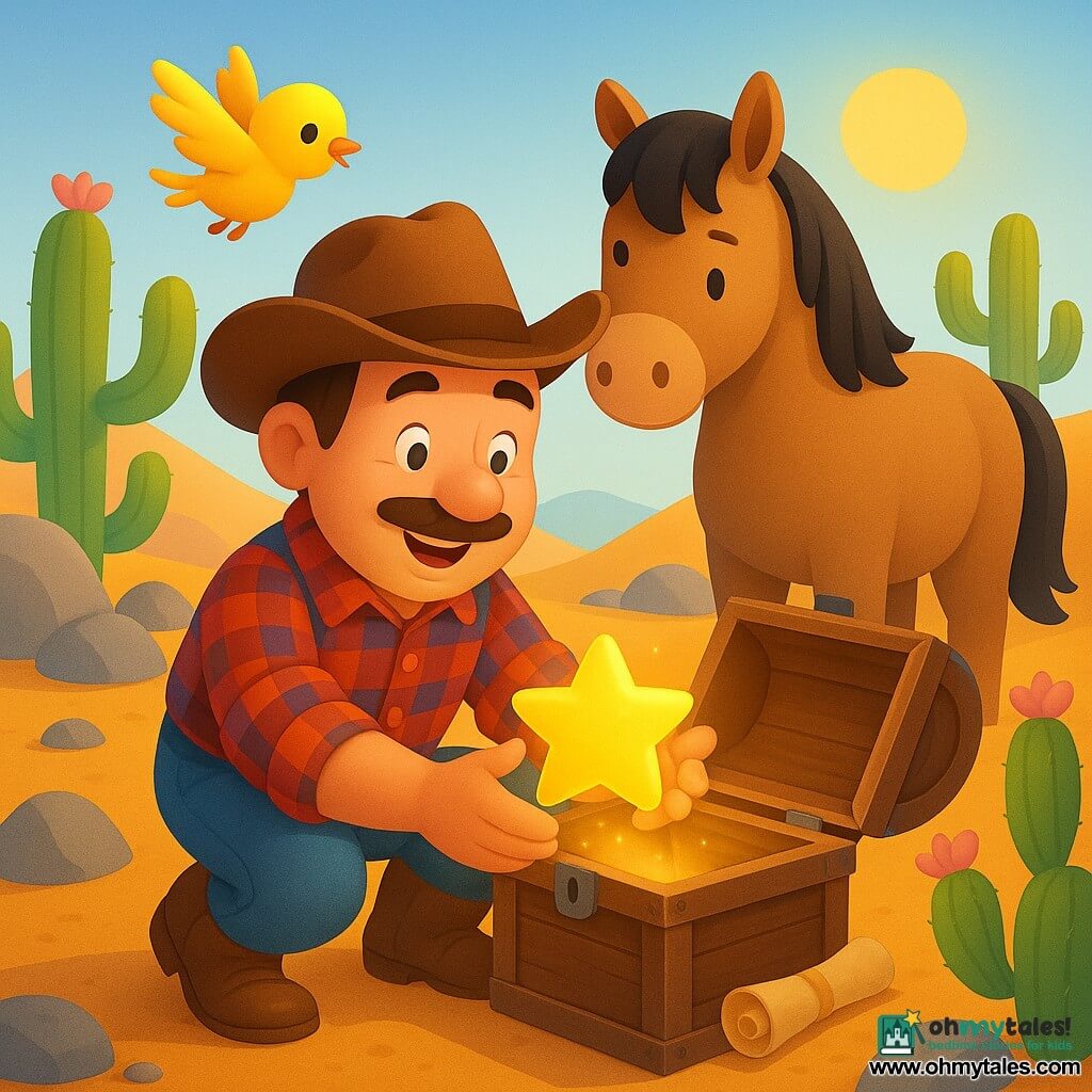 A smiling, amazed cowboy with a round face, tanned skin, thin mustache, brown felt hat, red-and-blue plaid shirt and worn leather boots crouches, opening an old wooden box and holding a shining golden star; a stocky light-brown horse named Brownie with a smooth black mane stands slightly behind to the right in a protective pose, a small bright yellow bird flies above. The scene on Cactus Hill shows ochre sandy ground, gray rocks, large green cacti with twisted arms and pink flowers, a light blue sky and warm sun casting soft shadows. The focal moment is a treasure discovery: the open box contains the golden star and a small rolled parchment, soft light on the star and an expression of surprise and kindness on the man’s face. Visual style: saturated yet soft colors, rounded shapes, crisp outlines, smooth gradient-mesh texture, centered composition, warm reassuring atmosphere.
