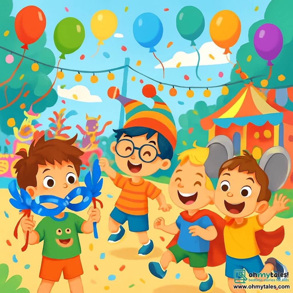 There are 4 children: Max, a 6-year-old boy with messy brown hair wearing a green t-shirt with a funny frog, holding a magical mask with blue feathers and red ribbons, smiling in wonder; Samir, a 6-year-old boy with black hair and glasses, wearing a colorful hat with bouncing pom-poms, joyfully dancing next to Max; Benji, a 6-year-old boy with blonde hair wearing a flowing red cape, making funny dance moves and laughing out loud; and Luca, a 6-year-old boy with brown hair wearing felt elephant ears, jumping in the air with a big smile, ready to catch balloons. The scene takes place in a vibrant carnival park filled with bright colors, with multicolored balloons floating in the blue sky, twinkling lights in the trees, and brightly decorated candy stands. In the background, a joyful parade advances with dancers in flamboyant costumes and floats decorated with giant candies. The main situation shows the four friends dancing and laughing together amidst the celebration, surrounded by floating balloons and falling confetti, filled with joy and energy, enjoying the magic of the carnival.