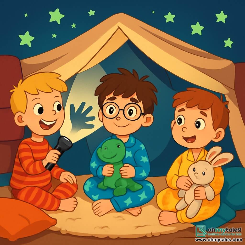 There are three characters: Leo, an 8-year-old boy with messy brown hair and round glasses, wearing a blue dinosaur pajama, sitting in the center holding his green stuffed dinosaur, Rexy; Max, an 8-year-old boy with blond hair and a big smile, wearing a red striped pajama, to the left of Leo, making a hand shadow on the wall with his flashlight; and Oliver, an 8-year-old boy with brown hair and freckles, wearing a yellow pajama with stars, to the right of Leo, holding his stuffed rabbit, Mr. Flop, and curiously watching the shadows on the wall. The setting is a cozy living room with a large fluffy rug and colorful cushions scattered around. Glowing stars shine on the ceiling, creating a magical atmosphere. A big fort made of cushions and blankets stands in the center, with soft light from the boys' flashlights. The main scene shows the three friends sitting in their fort, laughing and playing with the shadows created by their flashlights, immersed in their imaginary adventure, turning the fear of the dark into a moment of joy and camaraderie.