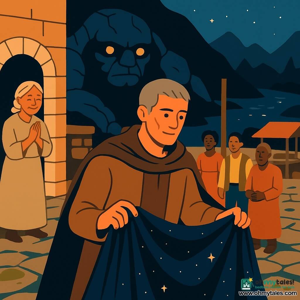 An adult man, Tammur, with a wrist scar and wheat-gray hair, wearing a brown linen coat, stands in the foreground gently unfurling a dark, shimmering veil over his shoulders; an elderly woman, the frail, white-braided grandmother with laughing eyes, stands to the left near a stone door, smiling with hands clasped as if blessing; a massive, reclining basalt-like mountain creature with cracked texture and ink-lantern eyes watches benevolently from a cave behind Tammur; the scene is a stone marketplace at dusk with a central wooden post, empty stalls, moss and lichen on the stones, basalt mountains beyond and a star-reflecting river to the right; Tammur offers the moonlit veil to the gathered community standing in a semicircle around the post, their calm faces conveying repair and renewed peace.
