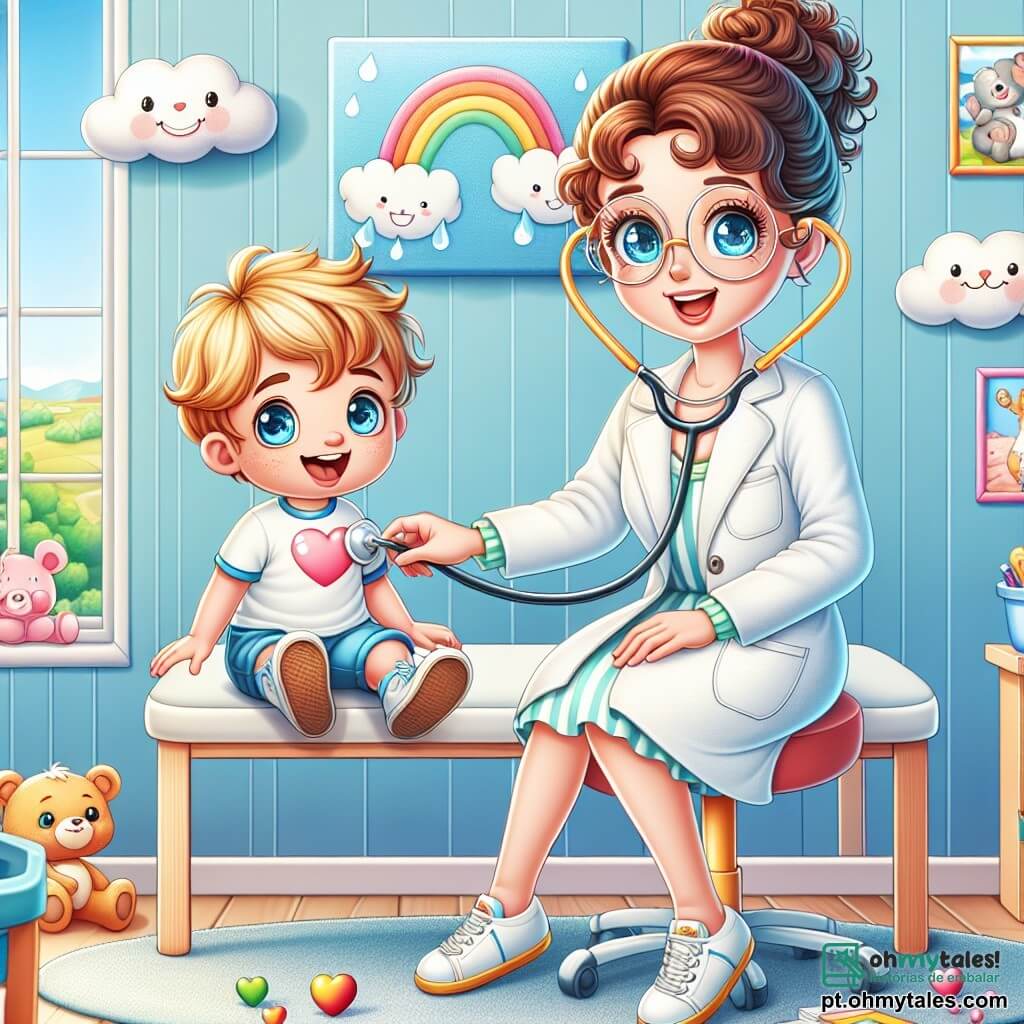 A doutora Sofia é uma mulher sorridente, com cabelos cacheados castanhos, vestindo um jaleco branco que parece uma nuvem. Ela tem olhos brilhantes de bondade e segura um estetoscópio em forma de coração, examinando um menino chamado Pedro, que tem cerca de 6 anos, cabelos loiros e olhos azuis. Pedro, sentado em uma cadeira, sorri alegremente, balançando as pernas no vazio, enquanto olha para a doutora com admiração. O cenário é um consultório médico colorido, com paredes pintadas de azul claro, decoradas com desenhos de animais e arco-íris, criando uma atmosfera acolhedora e alegre. Brinquedos e livros infantis estão espalhados pela sala, adicionando um toque lúdico. A situação principal mostra a doutora Sofia ouvindo o coração de Pedro com seu estetoscópio, explicando suavemente que ele logo se sentirá melhor. A atmosfera é calorosa e reconfortante, ilustrando a confiança entre o médico e seu jovem paciente.