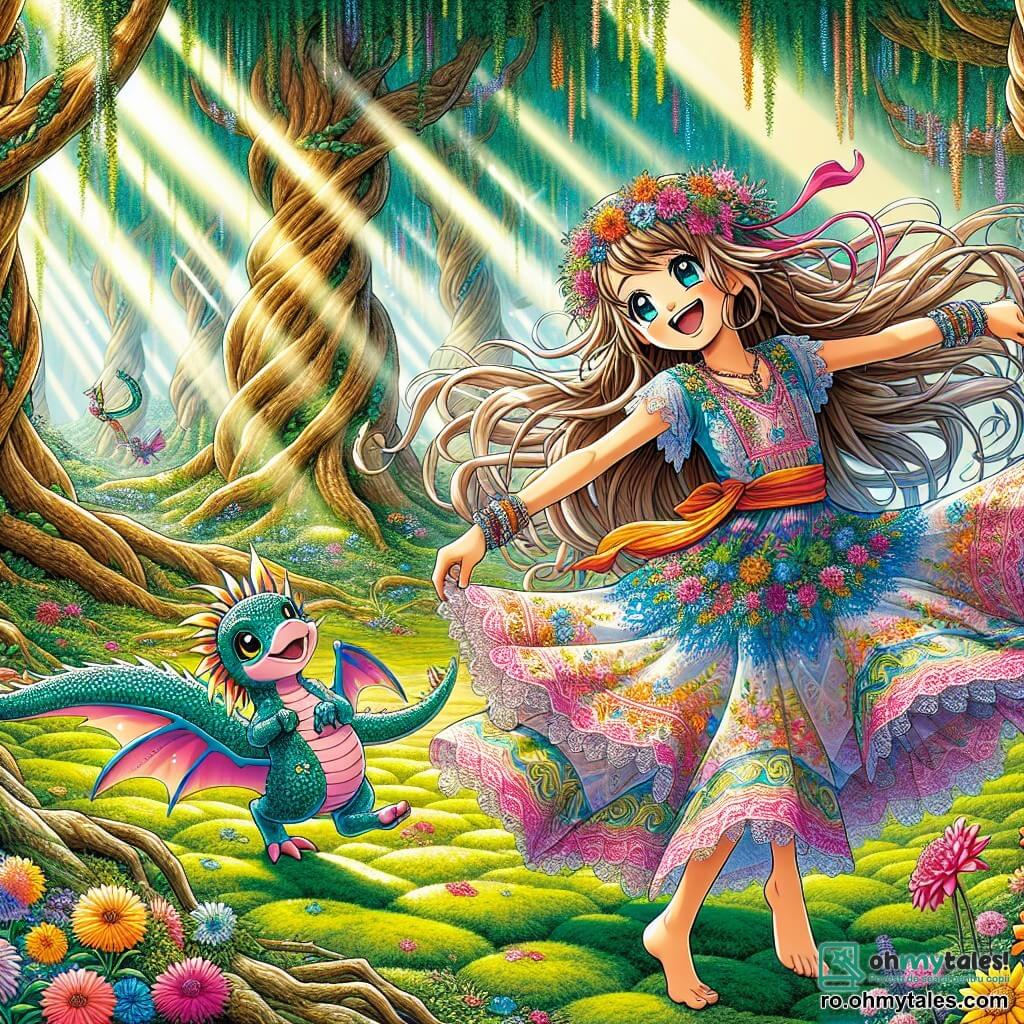 Aiko, o tânără cu părul lung și mătăsos, îmbrăcată într-o rochie colorată împodobită cu flori, dansează fericită într-o poiană însorită, cu fața strălucind de bucurie. Ea ține un buchet de flori strălucitoare în mâini, iar privirea ei reflectă determinarea de a trăi o mare aventură. Lângă ea, Kaito, un dragon miniatural cu solzi strălucitori de culoare turcoaz, zboară în cercuri în jurul ei, încurajând-o cu entuziasm. Scena are loc într-o pădure magică, cu copaci majestuoși și flori multicolore dansând în vânt. Aiko și Kaito se pregătesc să execute un spectacol de dans pentru o mare pasăre magică, căutând să-și dovedească valoarea și să obțină ajutorul necesar pentru a-și salva regatul.