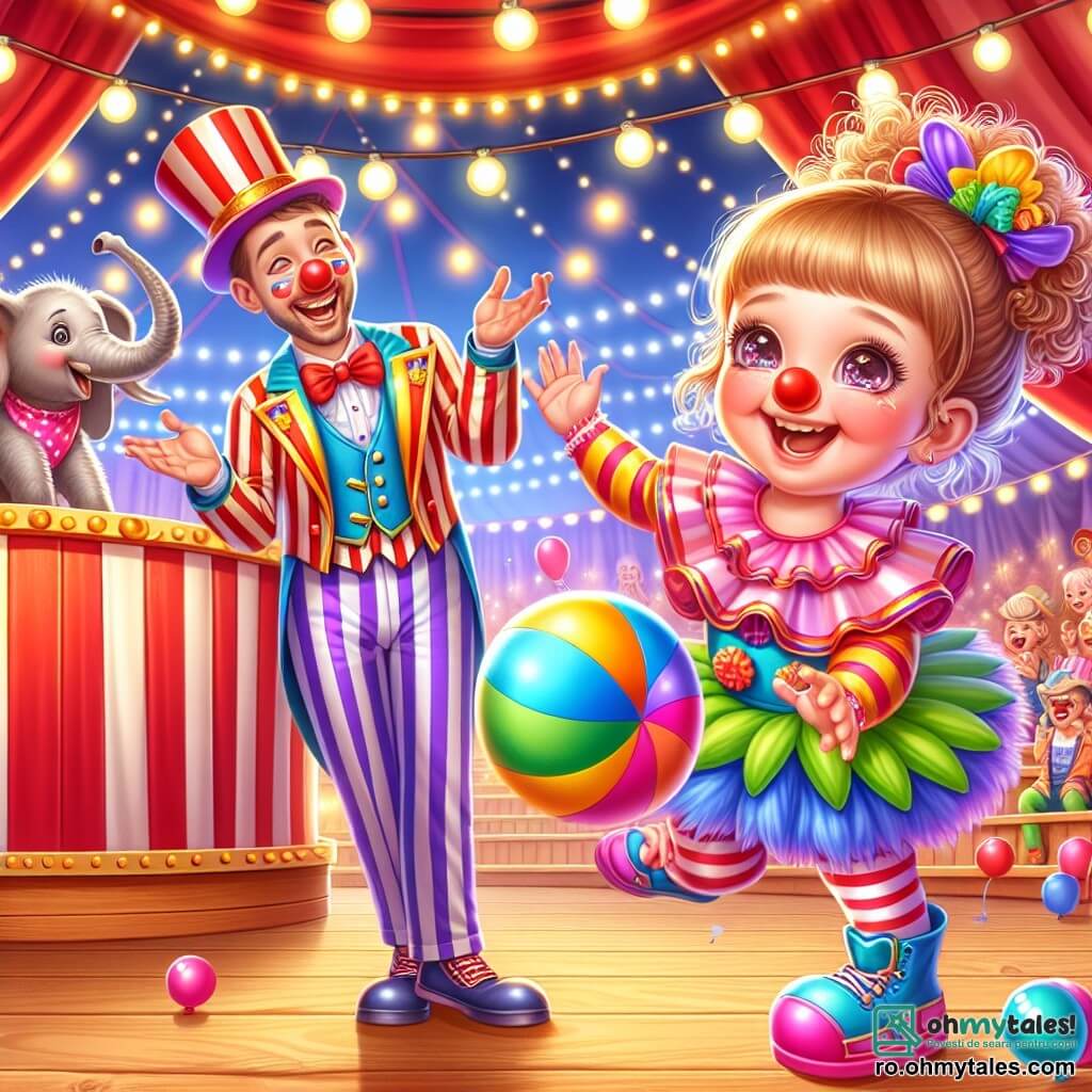O fetiță de 2 ani, Ana, cu ochi mari și strălucitori și obraje roz, poartă un costum de clown colorat, cu un nas roșu și pantofi prea mari. Râde cu poftă, ținând o minge mare și colorată care sare vesel la picioarele ei. Lângă ea, un clown jovial, de aproximativ 30 de ani, cu fața vopsită în alb și un zâmbet mare, poartă un costum cu dungi multicolore și un joben. Aplaudă și o încurajează pe Ana să se joace. Un elefant miniatural, cu o trompă grațioasă și urechi mari, stă în apropiere, dansând cu entuziasm și balansându-și trompa din stânga în dreapta. Scena are loc sub un mare cort de circ, cu dungi roșii și albe, plin de lumini strălucitoare și baloane colorate care plutesc în aer. Spectatorii, copii și adulți, stau pe bănci de lemn, râzând și aplaudând. Situația principală o arată pe Ana distrându-se cu clownul și elefantul, aruncând mingea în aer, în timp ce clownul face grimase și elefantul dansează vesel, creând o atmosferă festivă și veselă.