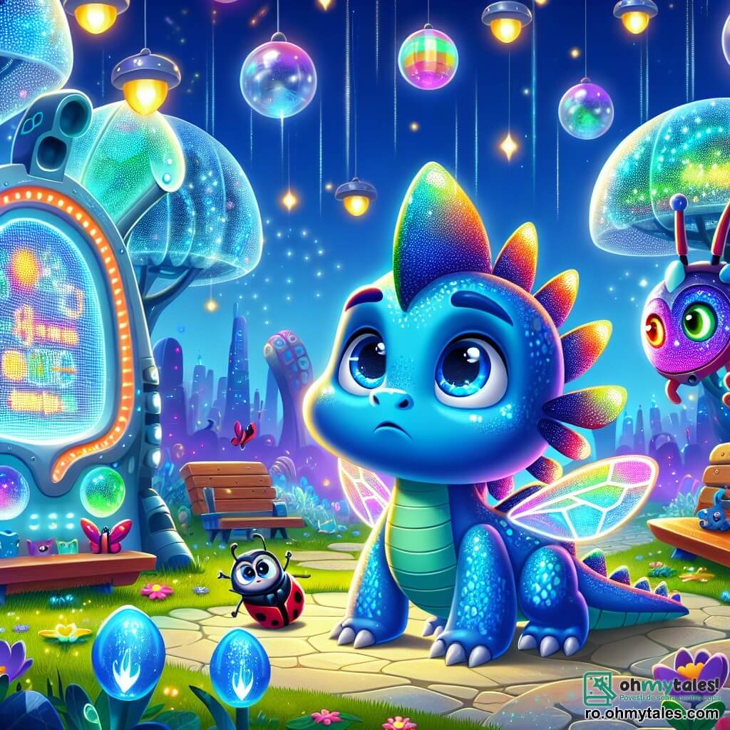 Un mic dragon albastru strălucitor, pe nume Zubi, cu solzi sclipitori și aripi mari translucide, se uită cu ochi rotunzi și curioși, având un aer îngrijorat, în timp ce se află în centrul unui parc futurist. Aproape de el, o buburuză robot strălucitoare, cu culori curcubeu și ochi luminoși, pare perplexă, antenele ei vibrând ușor, în timp ce examinează un panou informativ care clipește. Parcul este plin de flori luminescente și bănci flotante, iar cerul este presărat cu baloane zburătoare strălucitoare. Zubi, intrigat de un sunet misterios, se apropie de un copac de sticlă care cântă, în timp ce lumini clipește în jurul său, creând o atmosferă magică și plină de aventură.