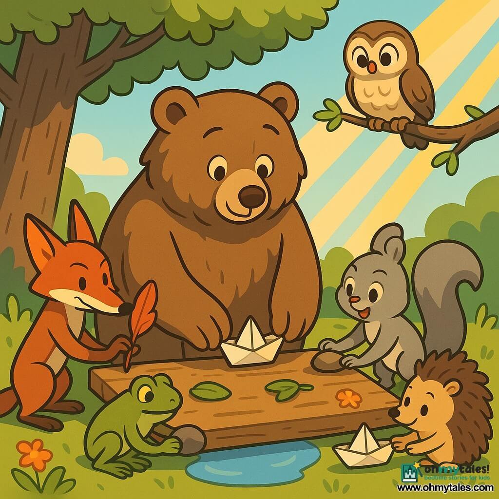 A fluffy brown bear with a warm, serene expression sits before a wooden board and gently replaces a small paper boat with its paws while a sly red fox to the left affixes a red feather, a cheerful gray squirrel to the right holds an excited paper boat, a shiny green frog near a puddle places a wet stone on the board, a timid brown hedgehog touches the board with its paw to help stabilize it, and a small round owl perched on a branch above holds a tiny drawing of stars in a sunlit clearing with grass, a large oak behind the board, golden rays, a few flowers and a small puddle; after a gust of wind scattered their items, the friends are calmly and collaboratively restoring feathers, leaves, stones and drawings to the board, in warm colors with visible textures like grained wood, fluffy fur, silky feathers and a crumpled leaf.