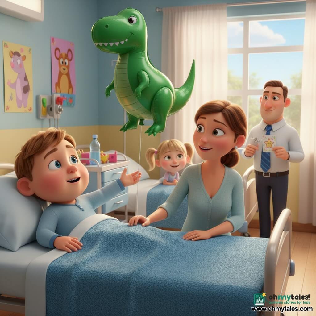 An 8-year-old boy with a round face and short light brown hair, eyes wide and bright, looks relieved and amazed as he sits in a hospital bed under a soft blanket, one hand held by his mother and the other reaching for a large green dinosaur balloon; his mother, about 35, with tied brown hair and a reassuring smile, sits on the right edge of the bed holding his hand and looking at him affectionately; a nearby 6–7-year-old girl with blonde pigtails and curious smiling eyes leans over the bed rail to listen; a doctor in his 40s stands at the door wearing a patterned blue tie and a warm confident expression while holding a small congratulatory card; the room is bright and cozy with pastel blue and yellow walls, large windows with soft light, colorful animal posters, a discreet medical trolley with a water bottle and toy box, light curtains and light wood flooring; scene: tender joyful moment of waking and comfort after surgery, focused on the boy and the dinosaur balloon, warm lighting, soft contrasts and textured details like a fluffy blanket and shiny balloon with slightly shimmering skin and hair as in a 3D animated film.