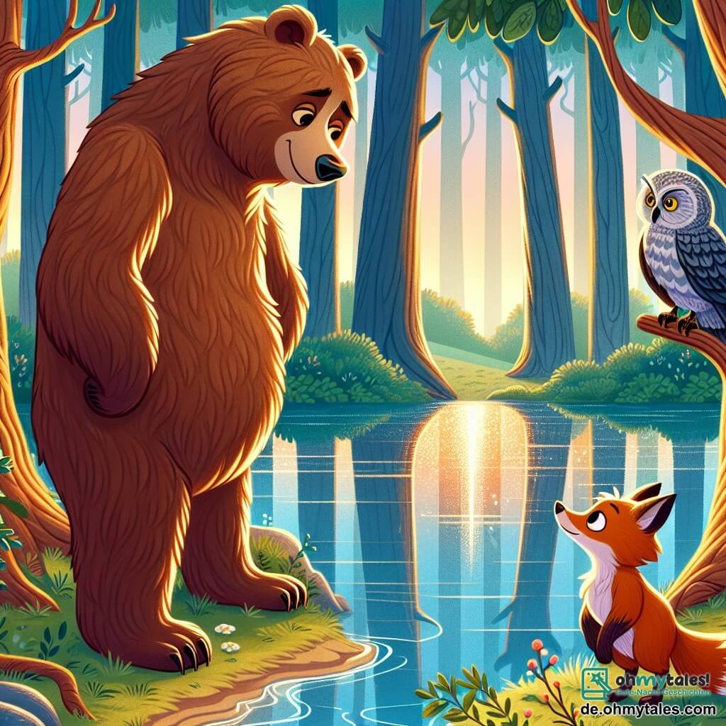 Bruno, ein großer brauner Bär mit sanften und neugierigen Augen, steht am Ufer eines majestätischen, glitzernden Flusses und betrachtet sein Spiegelbild im Wasser mit einem nachdenklichen und entschlossenen Ausdruck. Sein Fell ist leicht vom Wind zerzaust, und er hat ein leichtes Lächeln im Gesicht, als hätte er gerade etwas Wichtiges verstanden. Neben ihm sitzt ein weiser alter Kauz mit grauem Gefieder und durchdringenden Augen auf einem niedrigen Ast und beobachtet Bruno wohlwollend. Der Kauz wirkt gelassen und ermutigend, bereit, seine Weisheit zu teilen. Ein wenig weiter nähert sich ein schelmischer Fuchs mit rotem Fell und listigen Augen mit einem verschmitzten Lächeln, bereit, eine Frage zu stellen, die den Verlauf des Gesprächs verändern könnte. Der Ort ist eine verzauberte Lichtung, umgeben von hohen, knorrigen Bäumen, deren Blätter im Sonnenuntergang glänzen und ein Spiel von Schatten und Licht auf den mit bunten Blumen bedeckten Boden werfen. Der Fluss, in strahlendem Blau, schlängelt sich sanft und spiegelt die Farben des Himmels wider. Die Hauptsituation zeigt Bruno, der sein Spiegelbild im Fluss betrachtet und die Bedeutung von Wahrheit und Freiheit erkennt, während seine tierischen Freunde ihn ermutigen, diese tiefen Konzepte zu erkunden.