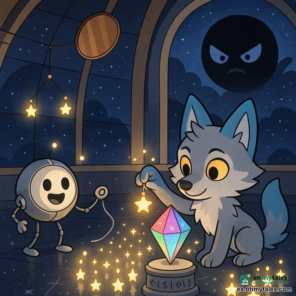 Un pequeño lobo guardián (loulou-loup) de pelaje gris con puntas azuladas y ojos dorados, ajusta con cuidado una pequeña lámpara estelar junto a un cristal luminoso; Píxel, un orbe mecánico redondo con patas finas y cuerpo metálico pulido, sonriente y emitiendo pequeños destellos, reparte mini-lámparas y sostiene un hilo de plata junto al lobo; fuera, a través de grandes ventanas en cúpula, se perfila una sombra circular azul noche de bordes difusos, el Cometa Hueco; todo ocurre en un amplio observatorio interior con suelos espejados que reflejan constelaciones, cúpulas plateadas, un antiguo telescopio con runas y espejos flotantes en cobre unidos por hilos de plata; el lobo y el robot colocan cientos de lámparas alrededor del Corazón de Prisma, un cristal multicolor flotante, y los espejos multiplican la luz creando un velo que ahuyenta la sombra del cometa.